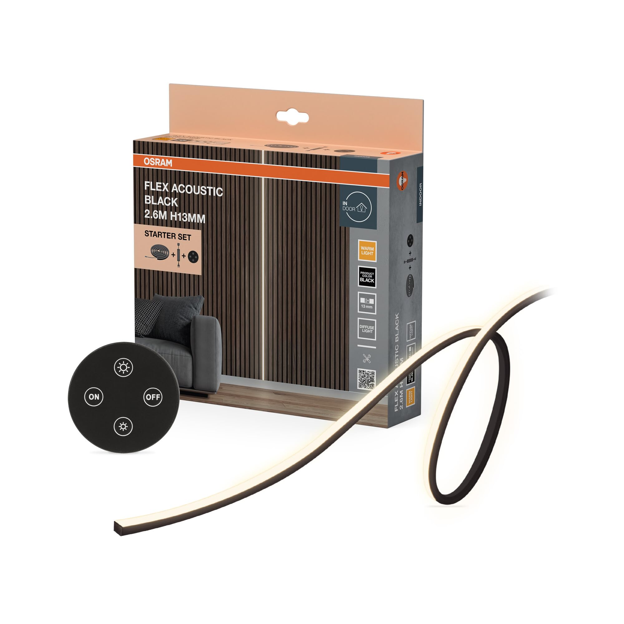 OSRAM Tiras LED acústicas negras Flex, 2.6m, 29W, 260lm, 3000K blanco cálido, H13mm, Set de Inicio con control remoto