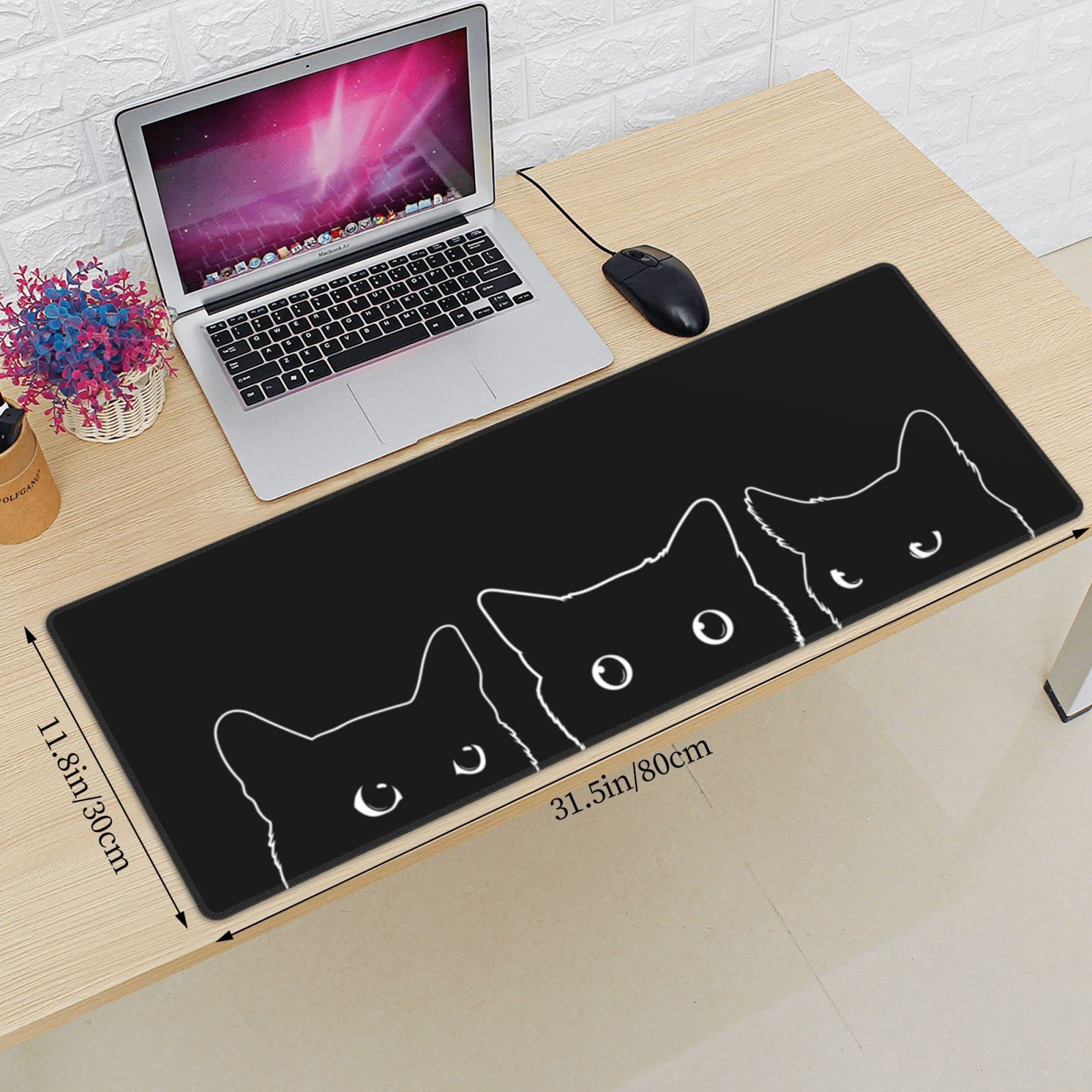 Linda alfombrilla de ratón para juegos de gato negro XXL XL grande para escritorio, almohadillas de teclado largas y extendidas, alfombrilla de goma de 31.5 x 11.8 pulgadas
