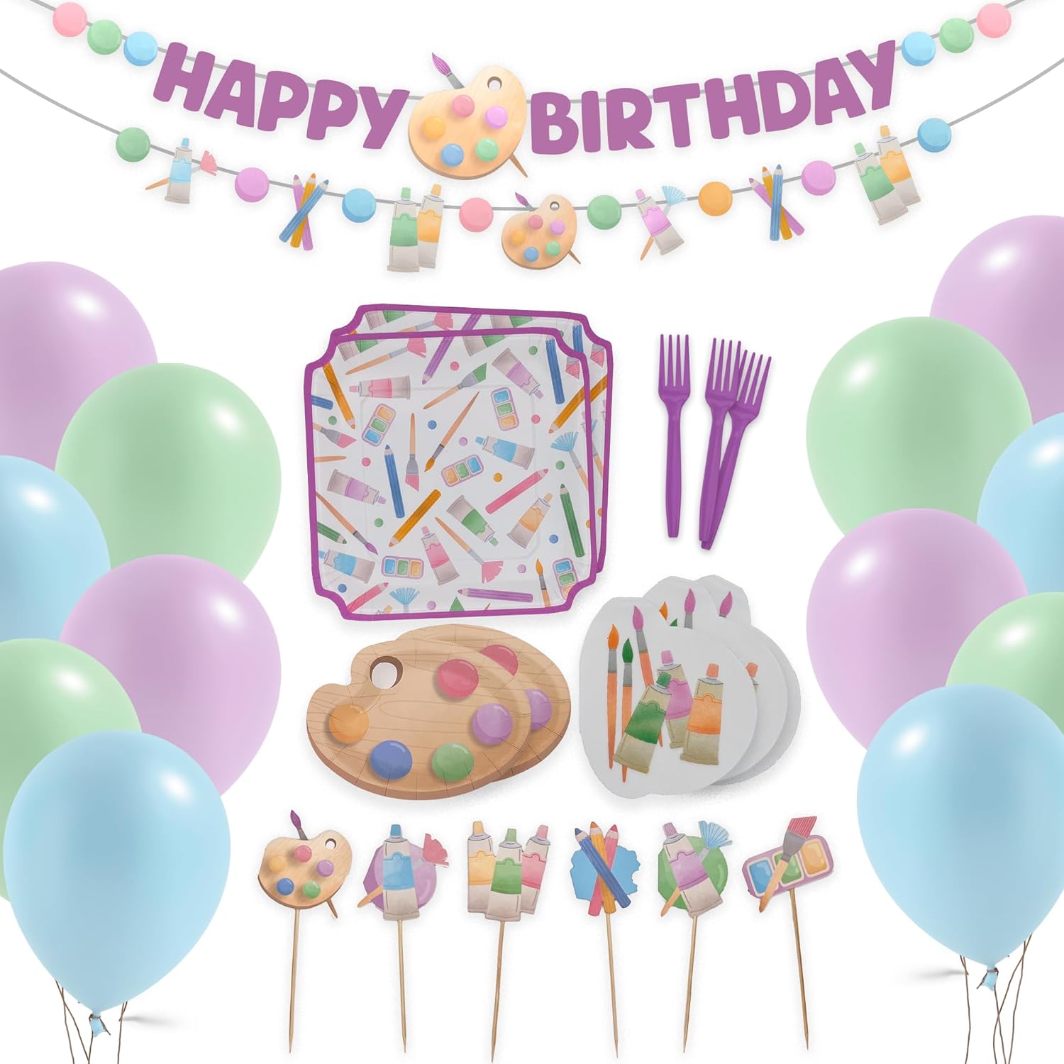 Art Party Decorations | 68 pcs Paint Party Supplies: Plates, Napkins, Banners, Balloons, Cupcake Toppers | Sip and Paint Kit, Painting & Kids Birthday Crafts Decor | Serves 12