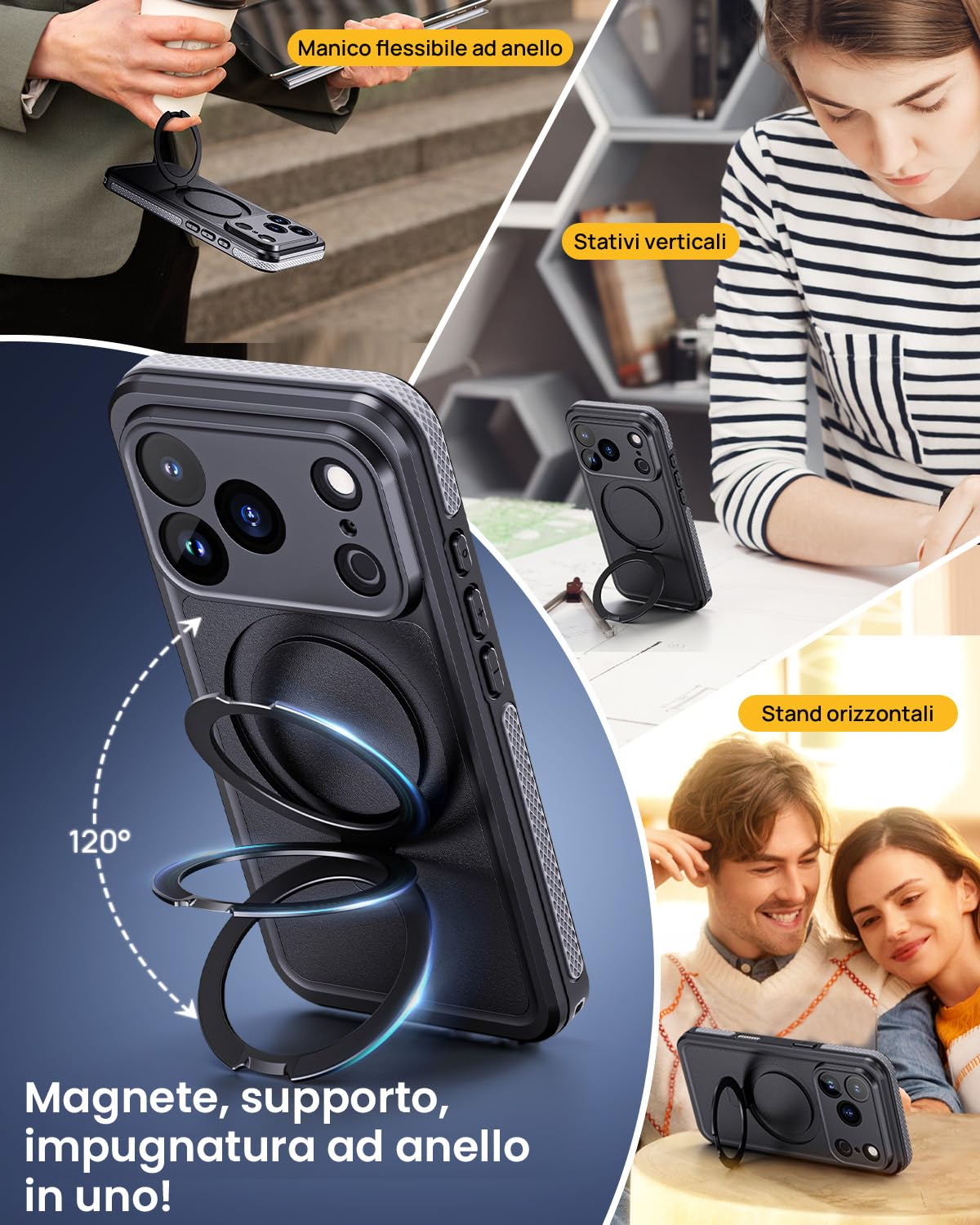 Lanhiem Cover Per iPhone 17 Pro Impermeabile con Cavalletto[IP68 Waterproof] Resistente Alle Cadute e ai Graffi Custodia Antipolvere Subacquea,per iPhone 17 Pro Protezione Militare a 360 Gradi,Nero