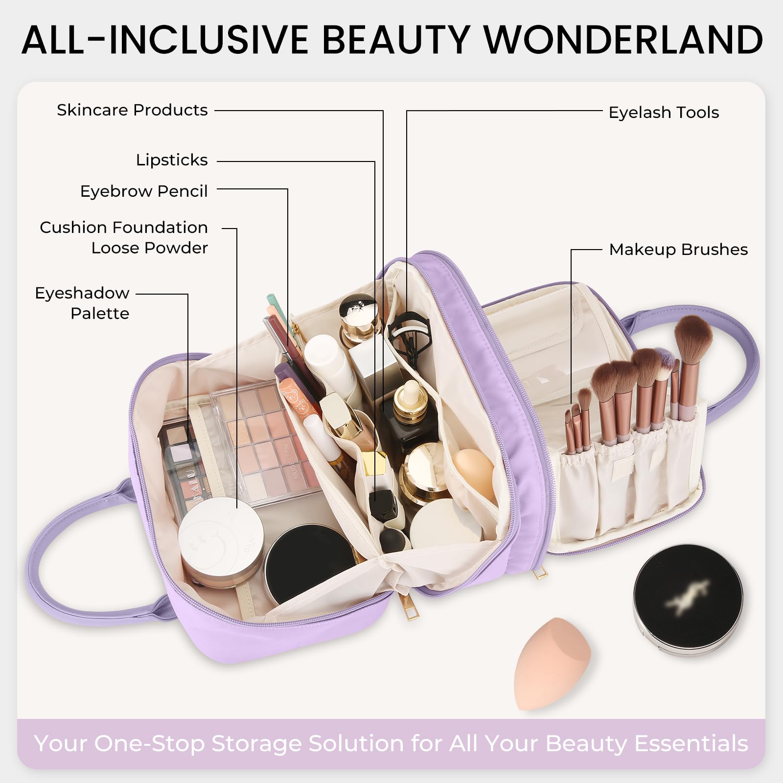 Borsa da viaggio per il trucco da donna, alla moda, di grande capacità, aperta e piatta, organizer portatile, impermeabile, con grande apertura, porta pennelli verticale autoportante per un facile