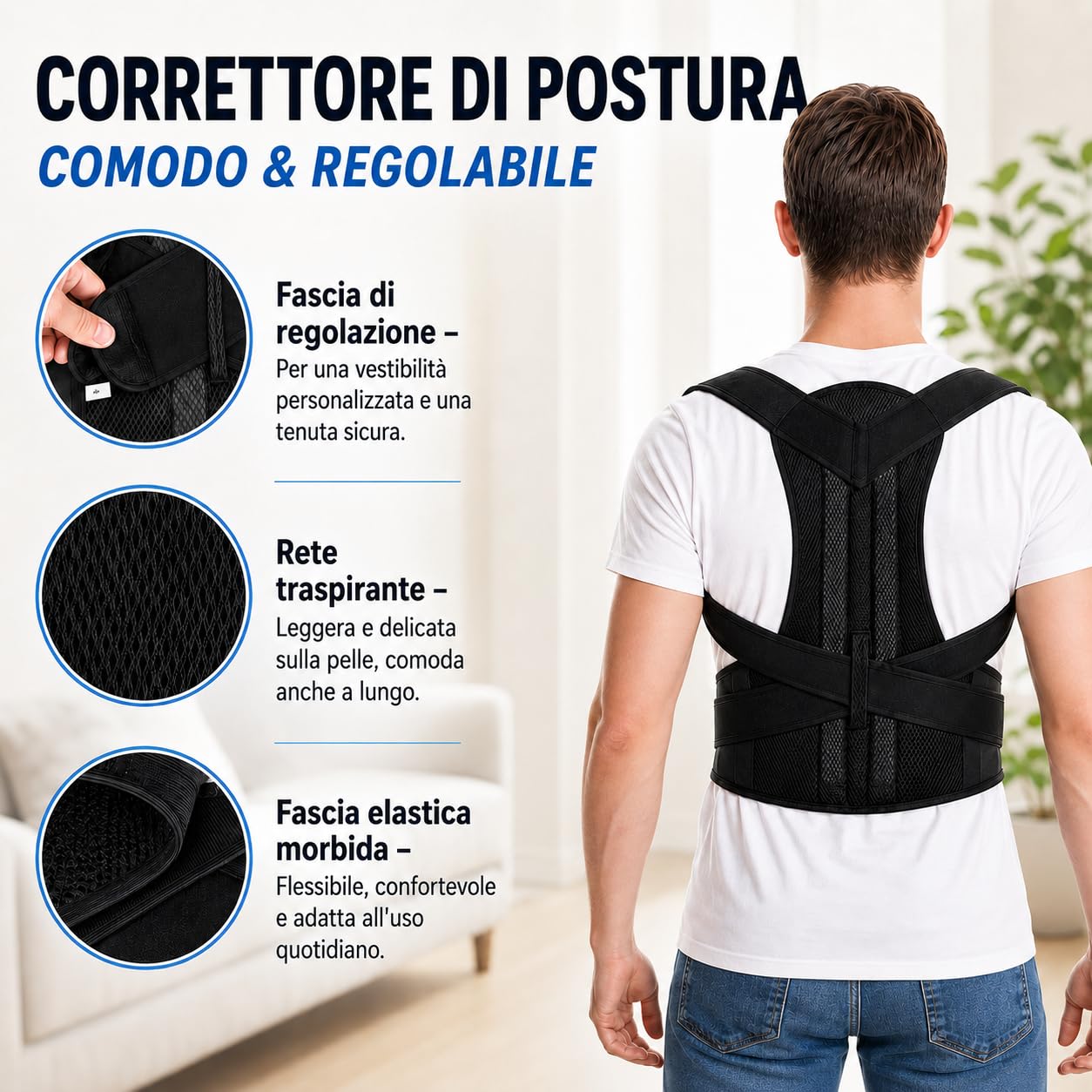 Correttore posturale per uomini e donne, regolabile e confortevole, con forti barre di sostegno, sollievo dal mal di schiena, supporto per collo e spalle