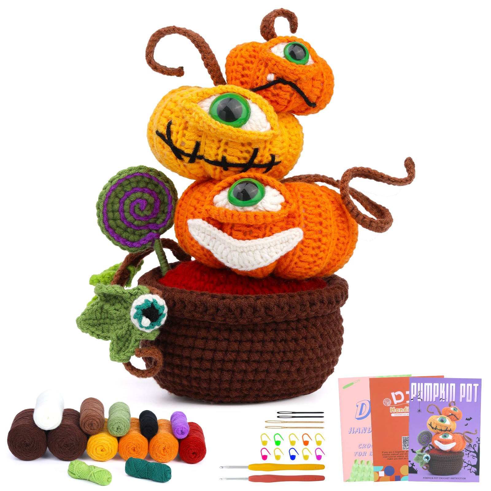 SOCNITCHalloween Crochet Kit for Beginners, Knitting Kit with Step-by-Step Video Tutorials Complete Crochet Starter Kit for Adults Beginners Including Yarn, Pumpkin Potted for DIY Craft Supplies
