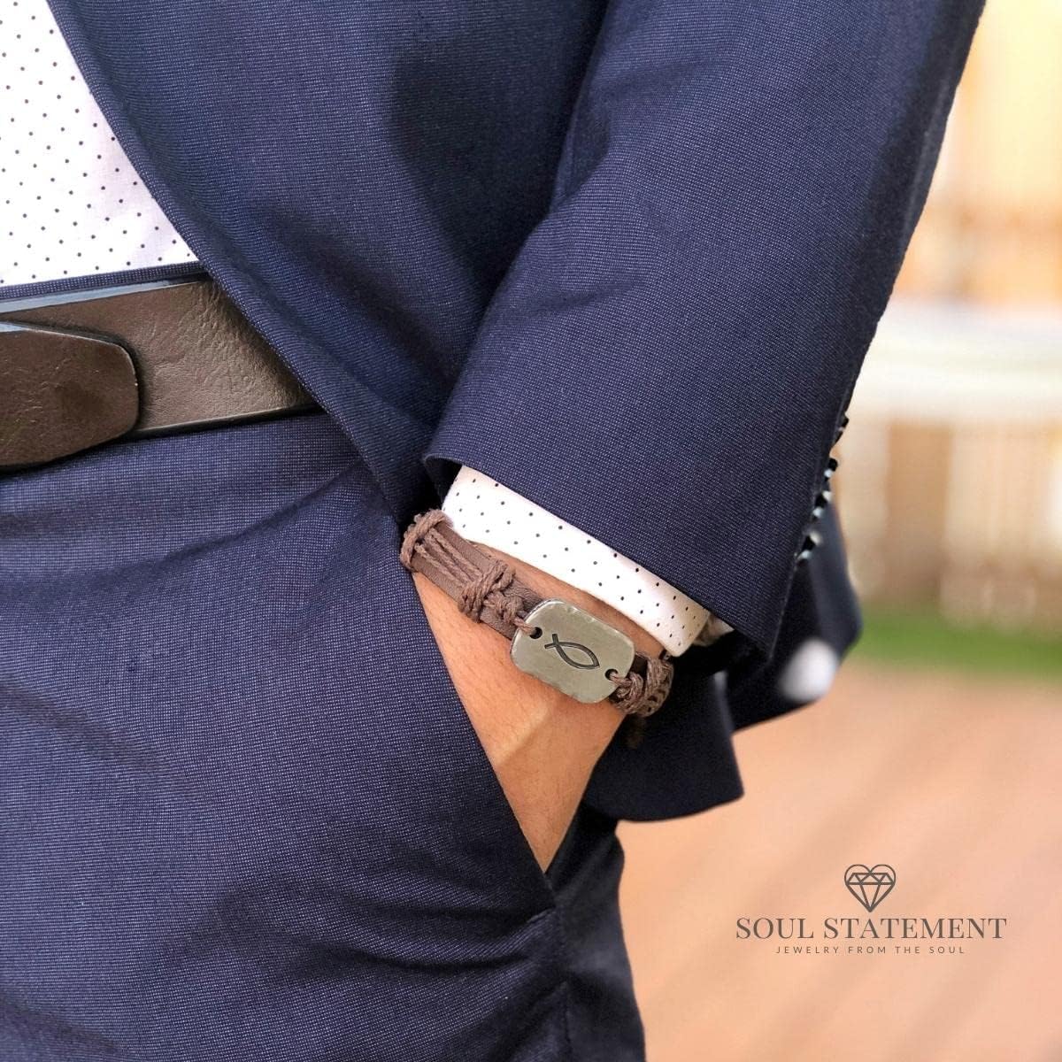 Leather Christian Bracelets for Men and Teenagers, Religious Gifts with a Cross and Sign Of The Fish