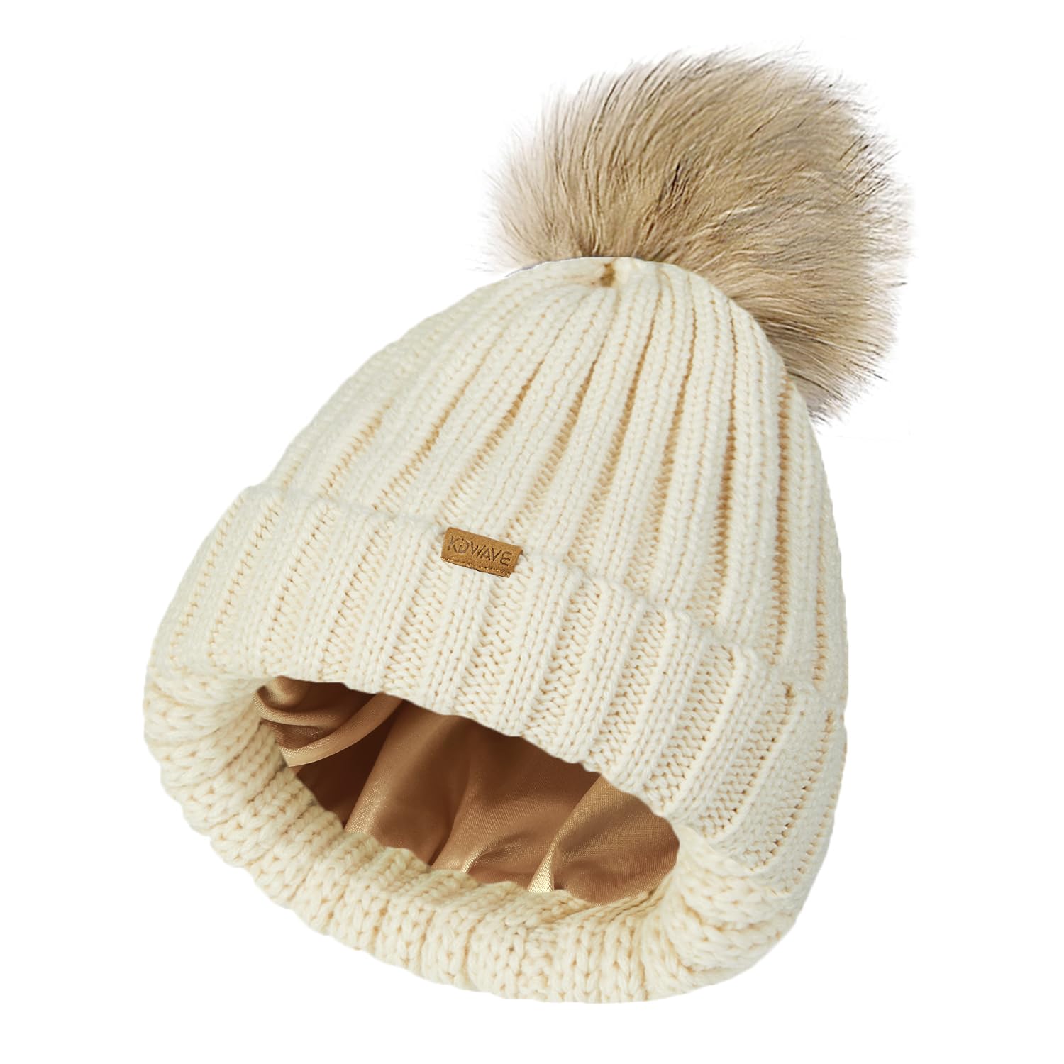 KDWAVE Womens Winter Beanie Hat Satin Lined Faux Fur Pom pom Beanies Hat of Warm Thick Knit Skull Cap Womens Winter Hats for Cold Weather Ski