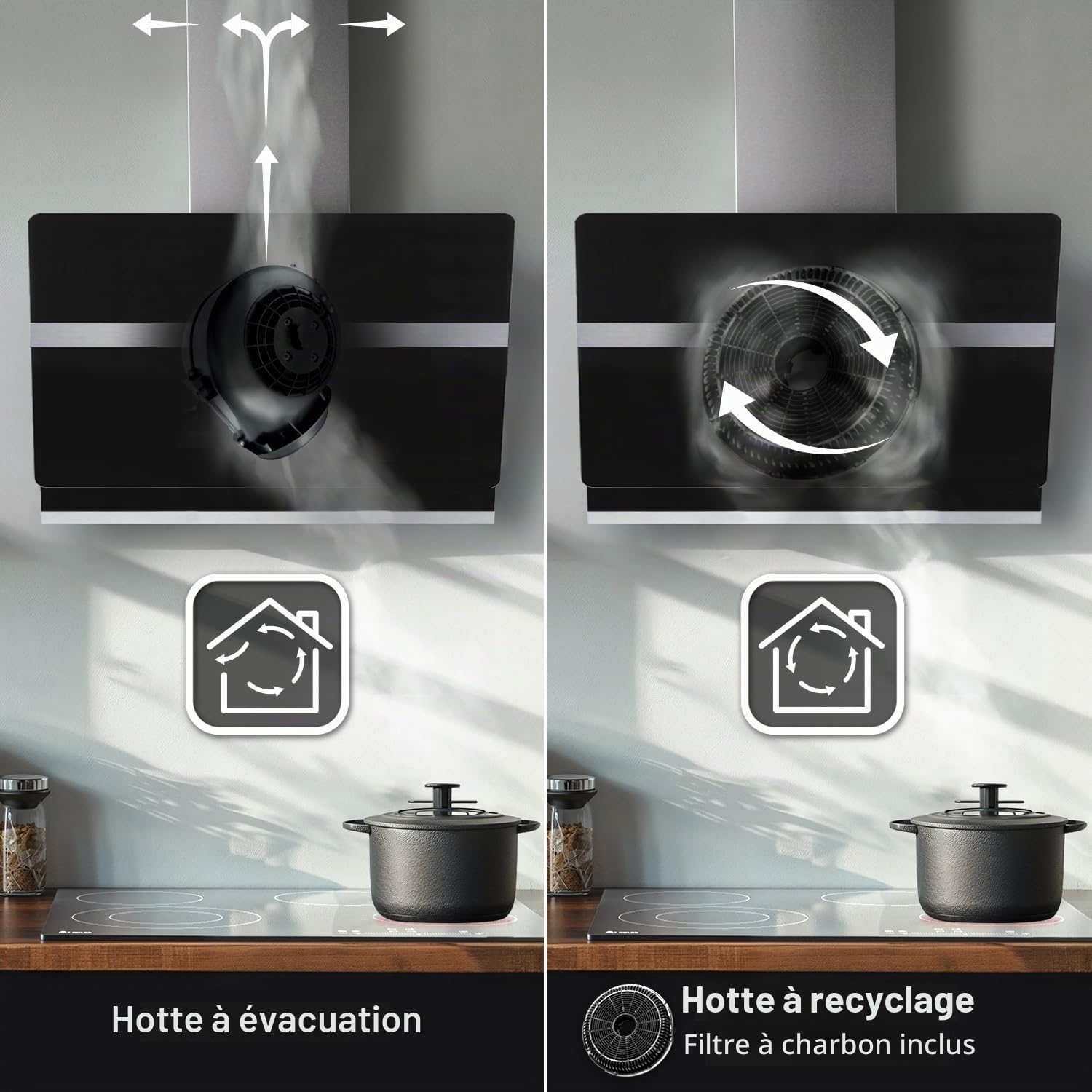 Hotte aspirante cuisine 90 cm | Hotte Murale Inclinées | acier inoxydable | verre noir | arrête automatiquement | Opération tactile | HERMES9005S
