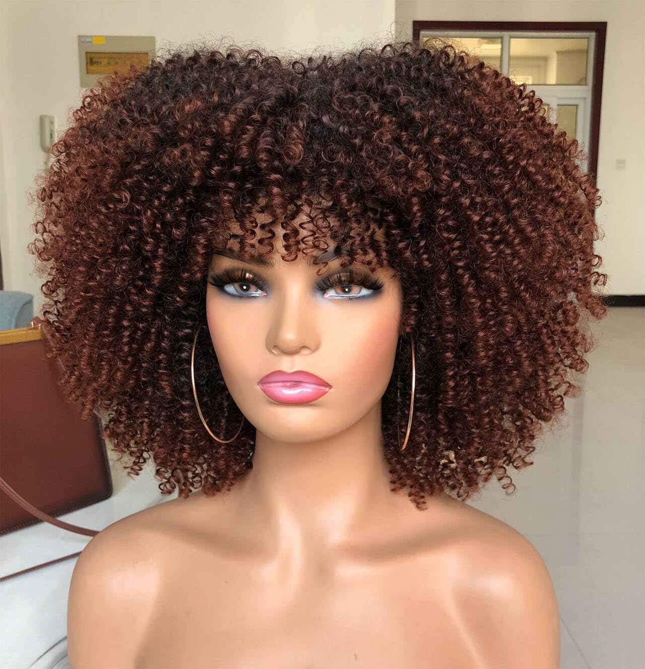 ANNISOUL Curly Afro Wigs for Black Women Afro Kinky Curly Wig with Bangs No Glue,Full and Fluffy Like a Bomb for Daily and Work Dark Brown