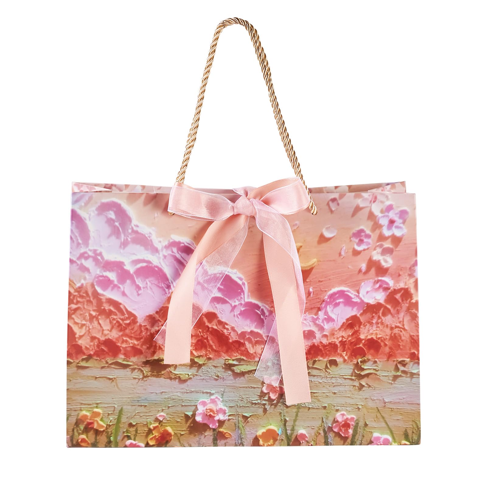 Crafans 1Pc Rectangle Handle Paper Bags Flowers Patterns with Ribbons Mountain & Landscape Present Bags Shopping Bag 28x20 CM for for Party Favor Present Packing, Cerise — image 1