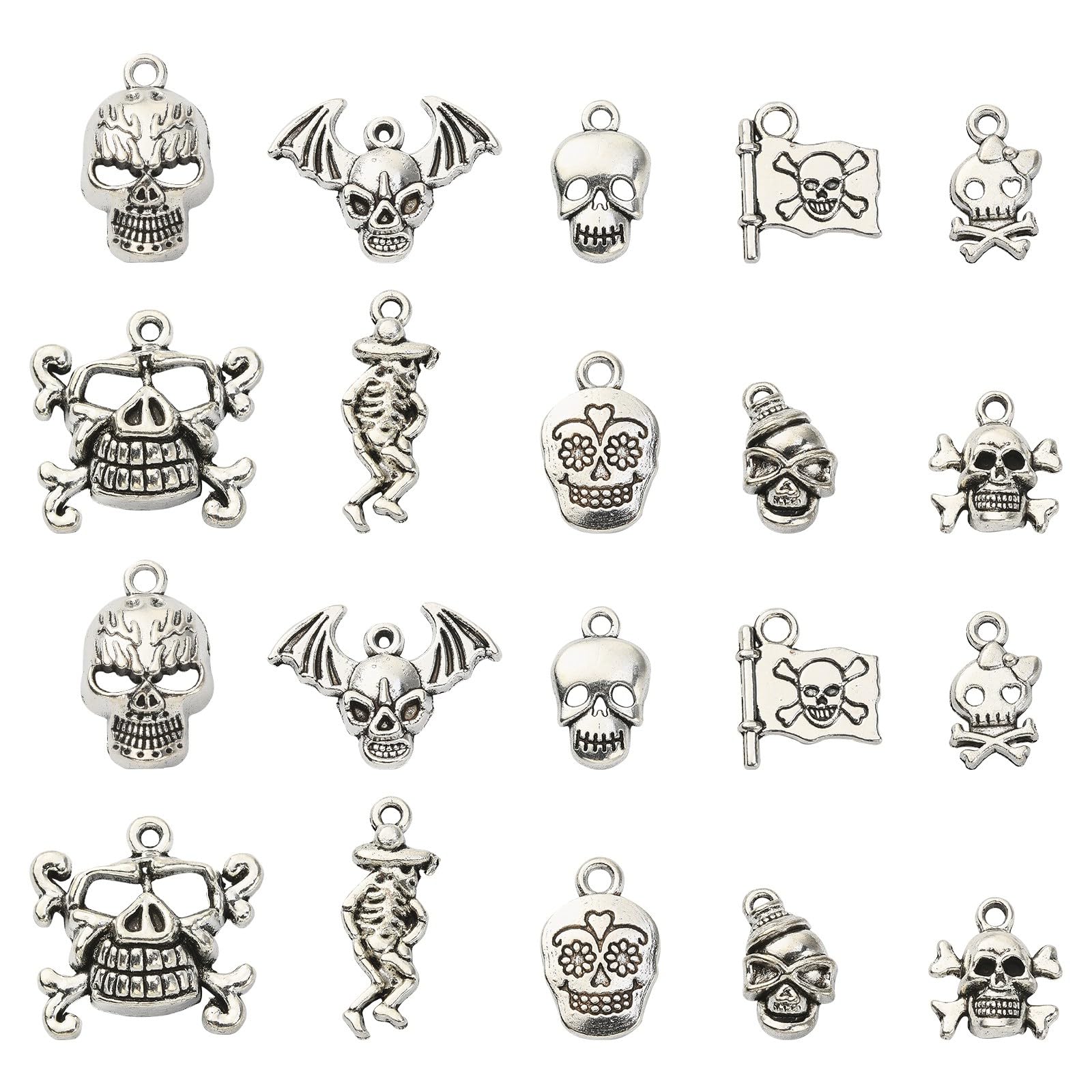 Stiesy 100Pcs 10 Styles Antique Silver Tibetan Style Skeleton Charms - Vintage Gothic Skull for DIY Halloween Jewellery Making Crafts