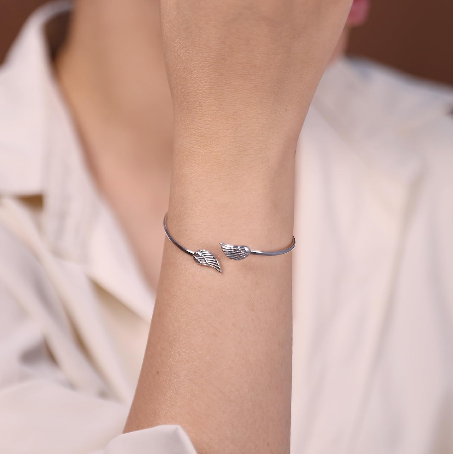 Dainty Religious Minimalist Thin Guardian Angel Wing Feather Bangle Cuff Bracelet For Women Teen .925 Sterling Silver