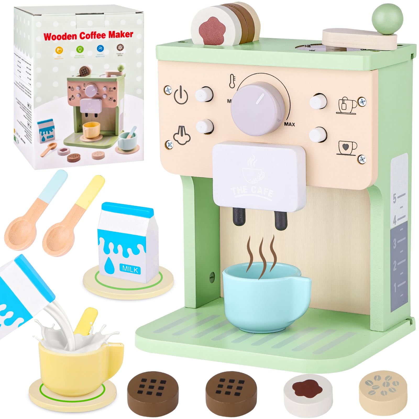 Wooden Coffee Machine Toy for Kids, Wooden Kitchen Toys Pretend Kitchen Appliances Accessories Coffee Playset Role Play, Toddler Role Play Toy for 3-5 Years Old