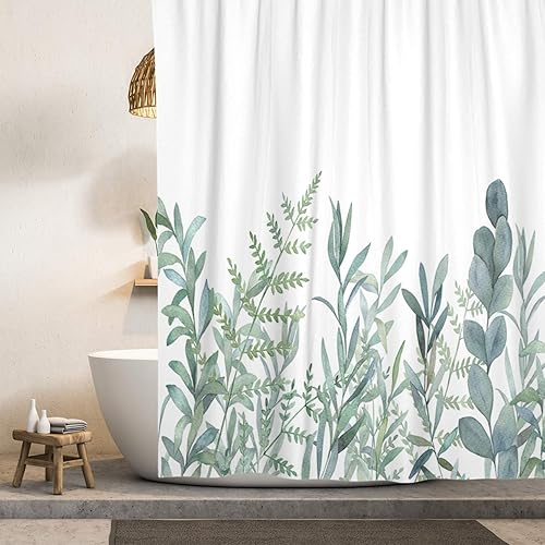 Miniatura 2 de Cortina de ducha bohemia, 72 x 72 pulgadas, dobladillo pesado, impermeable y lavable, diseño decorativo de hojas de eucalipto con 12 ganchos