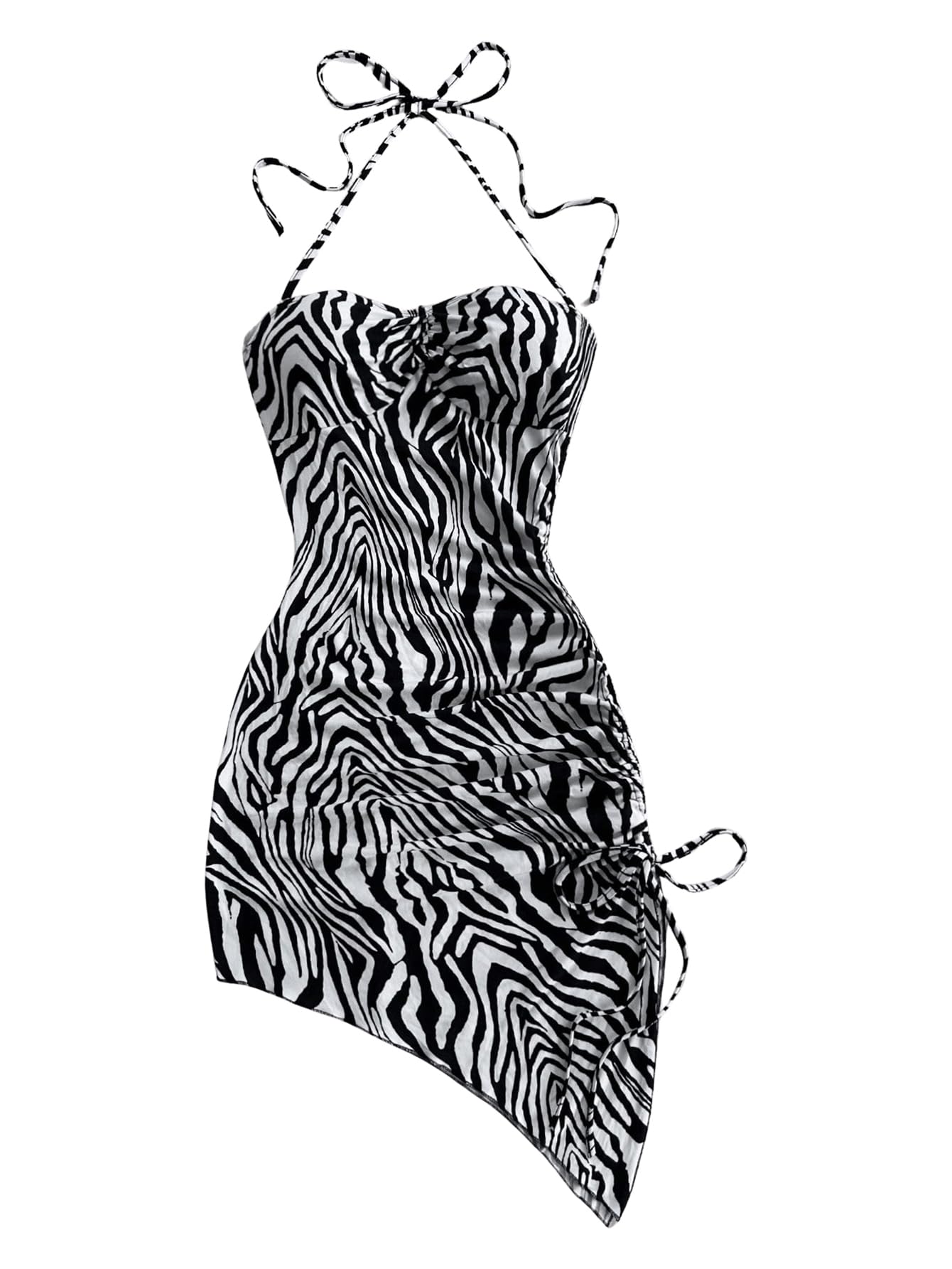 WDIRARA Women's Boho Zebra Printed Halter Dress Runched Side Split Bodycon Mini Dresses