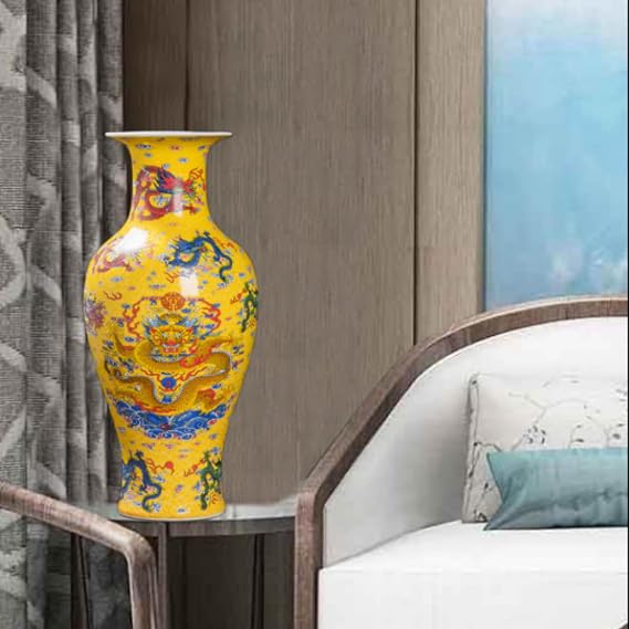 Jingdezhen Ceramic Vase with Glowing Nine Dragons Pattern, 35cm Chinese Style Luminous Vase for Living Room Display, Cabinet Decor & Hydroponic Flower Arrangement-yellow