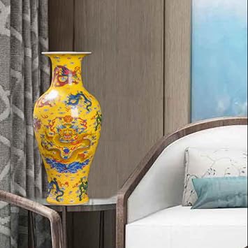 Jingdezhen Ceramic Vase with Glowing Nine Dragons Pattern, 35cm Chinese Style Luminous Vase for Living Room Display, Cabinet Decor & Hydroponic Flower Arrangement-yellow