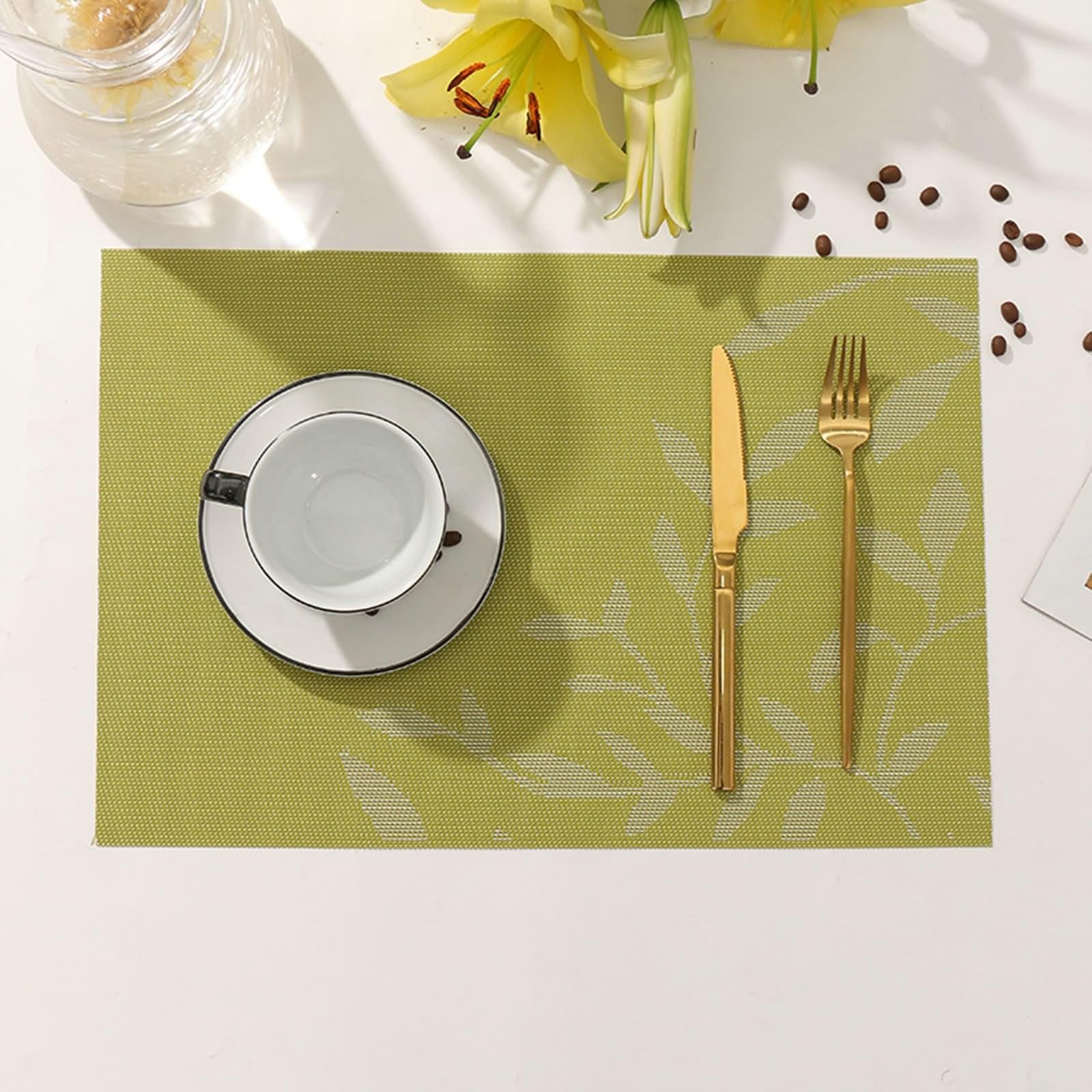 6er Set Platzsets Grün, Tisch Untersetzer-Set Boho 30x45cm Rechteck mit Blättermuster PVC