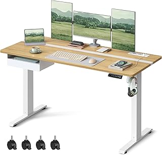 VASAGLE Höhenverstellbarer Schreibtisch elektrisch, 140 x 60 cm Tischoberfläche, Memory-Funktion mit 4 Höhen, mit Steckdosen und Stoffschubla, golichenfarben-wolkenweiß LSD114N01