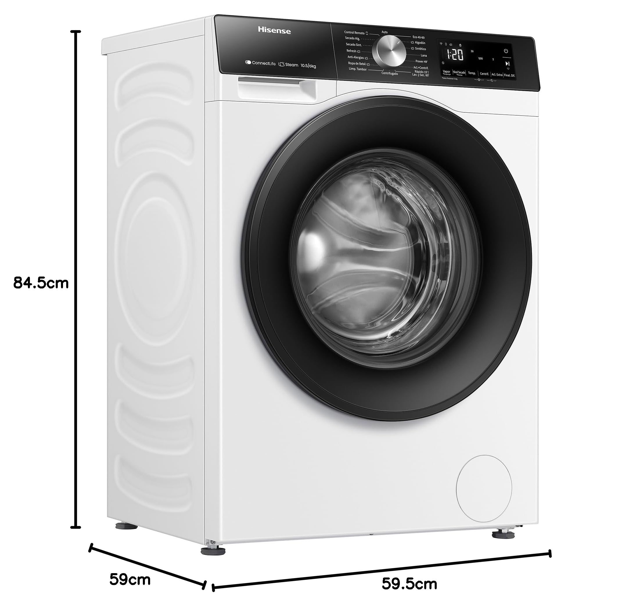 Hisense WD3S1043BW3 - Lavadora Secadora 2 en 1 con Vapor,Clase D/A, Carga Frontal 10.5 kg Lavado, Secadora 6 kg, Conectividad WiFi, Programación Asistida, Monitor de Consumo, Serie 3S, Blanco