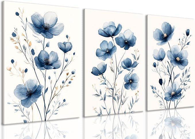 okudolit Navy Blue Wildflower Framed Canvas Wall Art Set Of 3 Flowers Pictures P