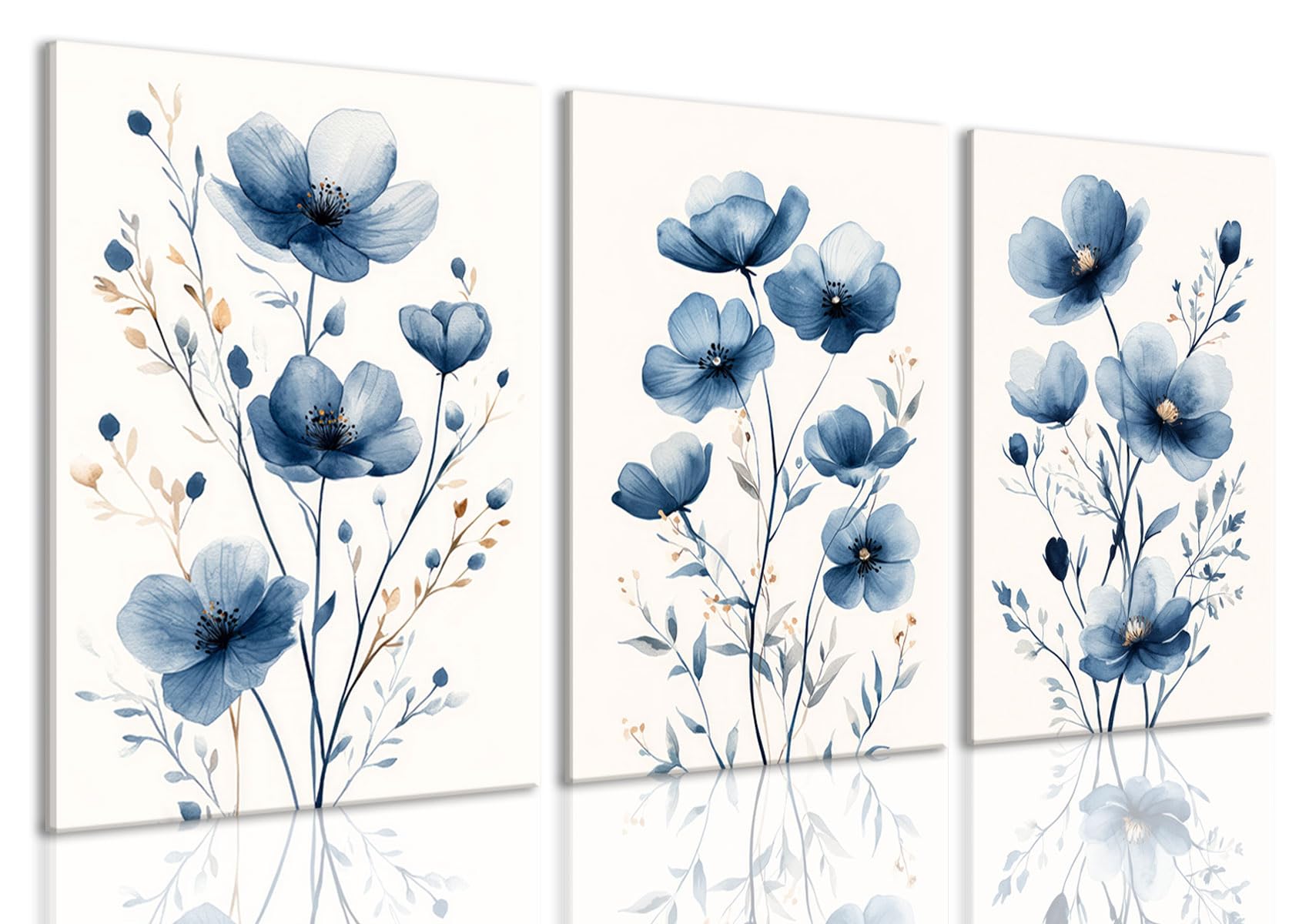 Amazon.com: okudolit Navy Blue Wildflower Framed Canvas Wall Art Set Of ...