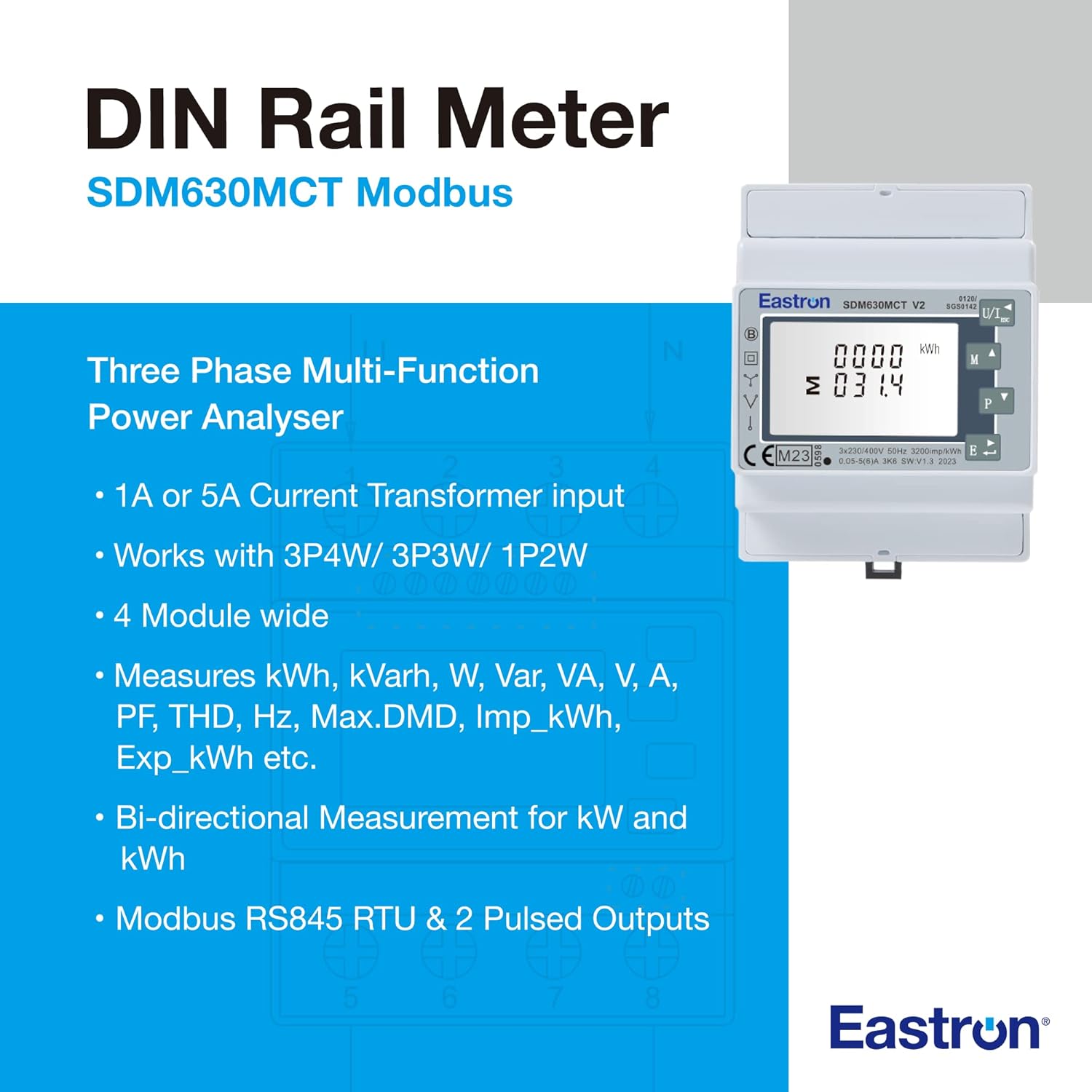 Diagram showing features of EASTRON SDM630MCT Modbus DIN Rail Meter
