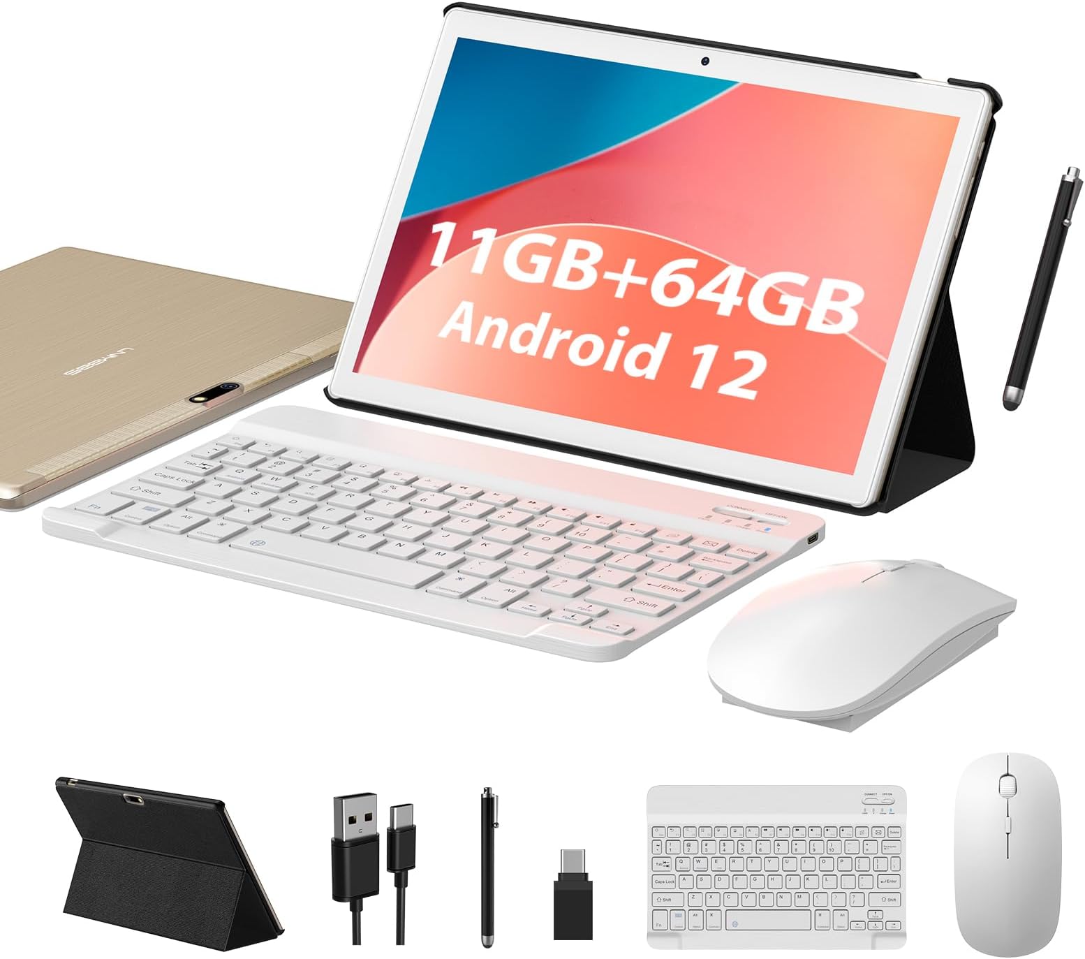 LNMBBS Android Tablet 10 Inch, 11GB RAM 64GB Storage, Android 12.0, Octa-Core Processor, With Keyboard, Large Battery, Dual Camera, Wi-Fi, Bluetooth, GPS, Mouse, Cover, Gold