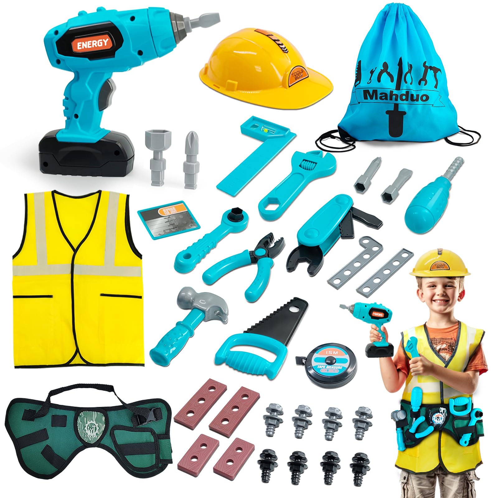 Kids Tool Set, 43 PCS Construction Toys Tool Kit with Builder Worker Vest, Hard Hat, Toy Drill, Toddler Tool Belt, Pretend Play Kids Toys Gifts for Boys Girls Age 3 4 5 6 Years Old