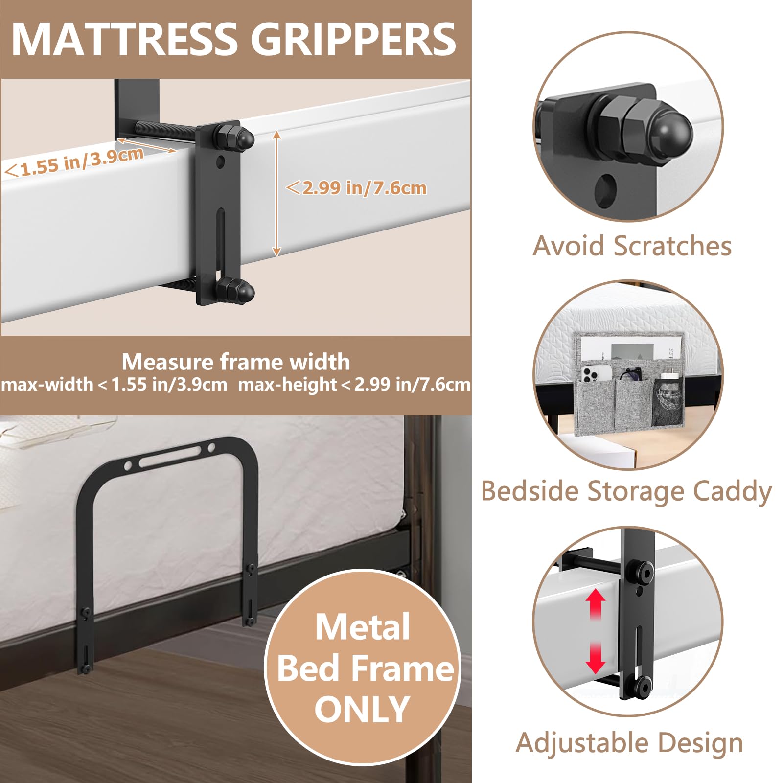 Tapón deslizante para colchón, barra de retención antideslizante extra alta, soporte para marco de cama de metal de 1.5 x 2.9 pulgadas para evitar deslizamientos (paquete de 2) 3