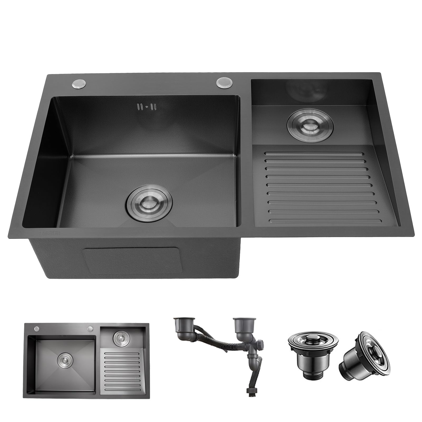 Utility Laundry Sink with Washboard, 60/70/80cm Stainless Steel Sink, Double Bowl Home, Topmount, for Laundry Room & Balcony, Available in Silver and Black(Black,70X48CM_Right)