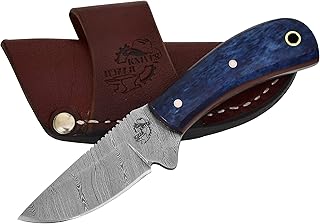 Knives Ranch Handmade Damascus Steel Full Tang 5-1/2" Cowboy Style Dandy Knife with Blue Dyed Cattle Bone Handle and Horizontal Carrying Crossdraw Sheath Snug Fit (2006-BLU) - Knives Ranch