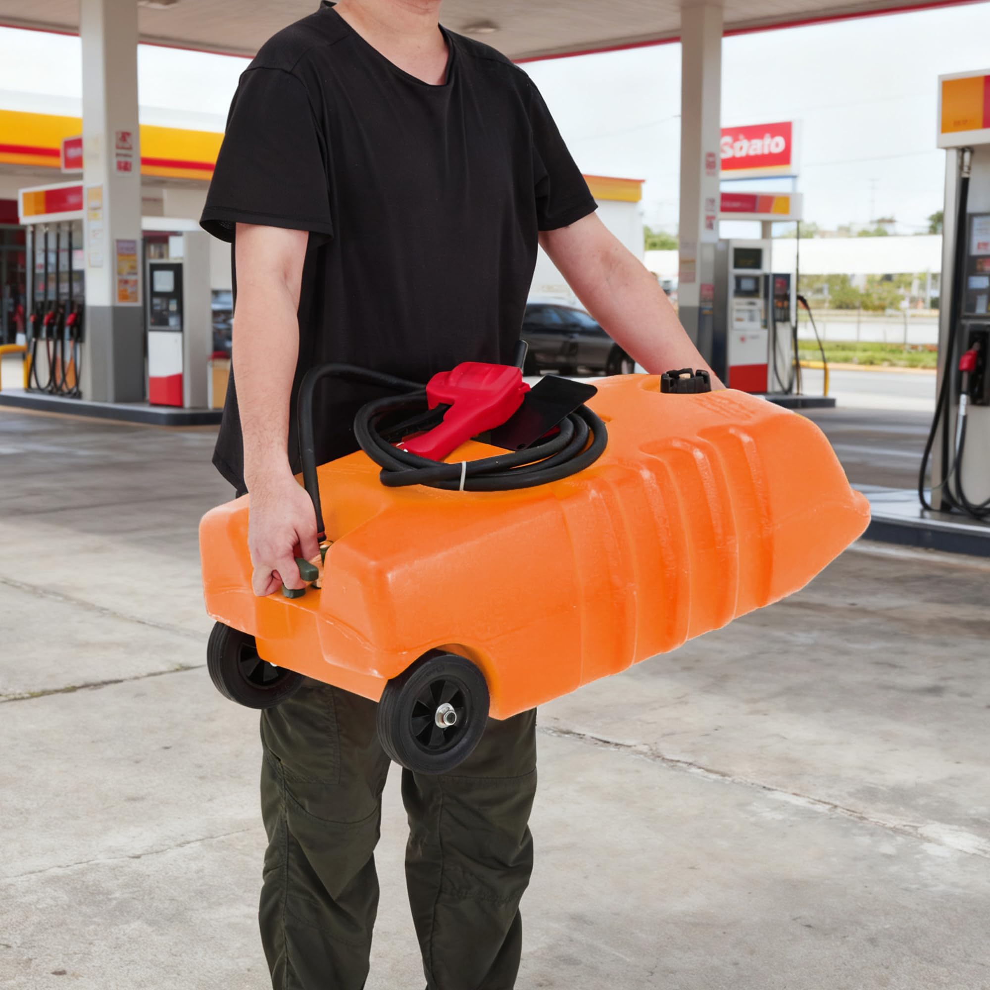 Serbatoio Carburante Portatile 53L Con Ruote, Pompa Sifone Manuale e Tubo 3 m, Per Auto, Barche, Tosaerba e Uso Agricolo, Robusto Design a Valigia, Arancione, senza cinghia