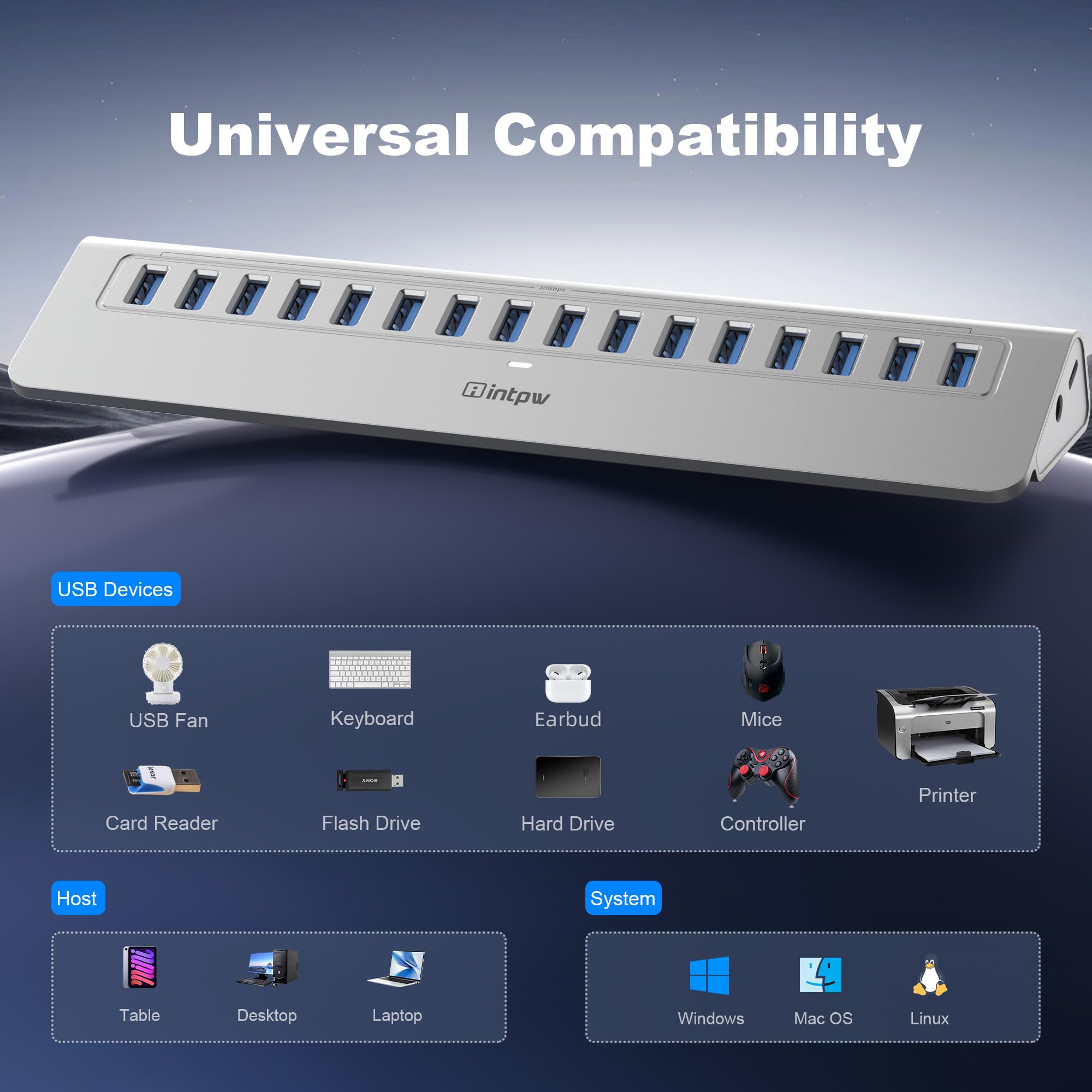 Hub USB alimenté 10 Gbit/s, concentrateur USB 3.2/USB A 16 ports intpw (16 x USB-A 3.2), hub USB alimenté avec adaptateur d'alimentation 65 W, câble de 90 cm, hub USB en aluminium pour PC/ordinateur