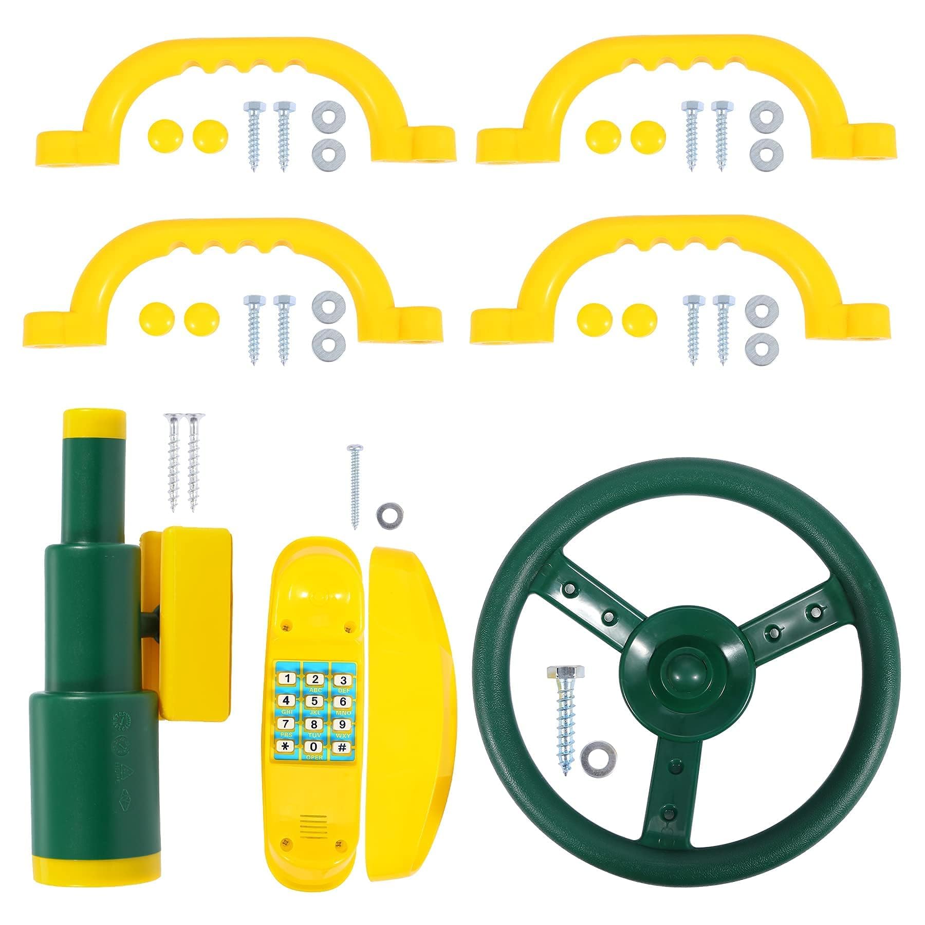 REDCAMP Spielturm Zubehör Set (7 STK), Kinder Spielzeug Set mit Lenkrad Teleskop Telefon 4 Sicherheitsgriffe, Outdoor Spielplatz Ausstattung für Klettergerüst Baumhaus Schaukel Garten