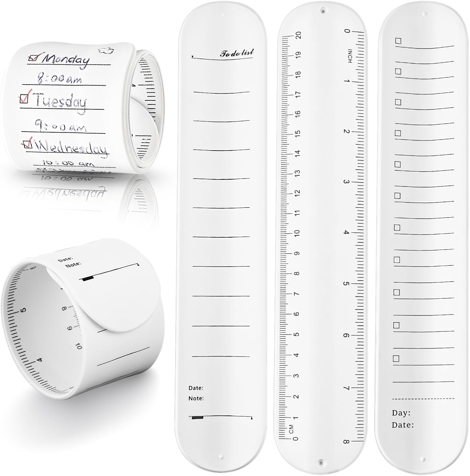 Andibro 4 Pcs Silicone Reusable Notepad, Wearable Nurse Memo Wrist Band, Waterproof to Do List Slap Bracelets White Writable Watchband Strap Ruler for Daily Planner Study Task Teacher Unknown Binding