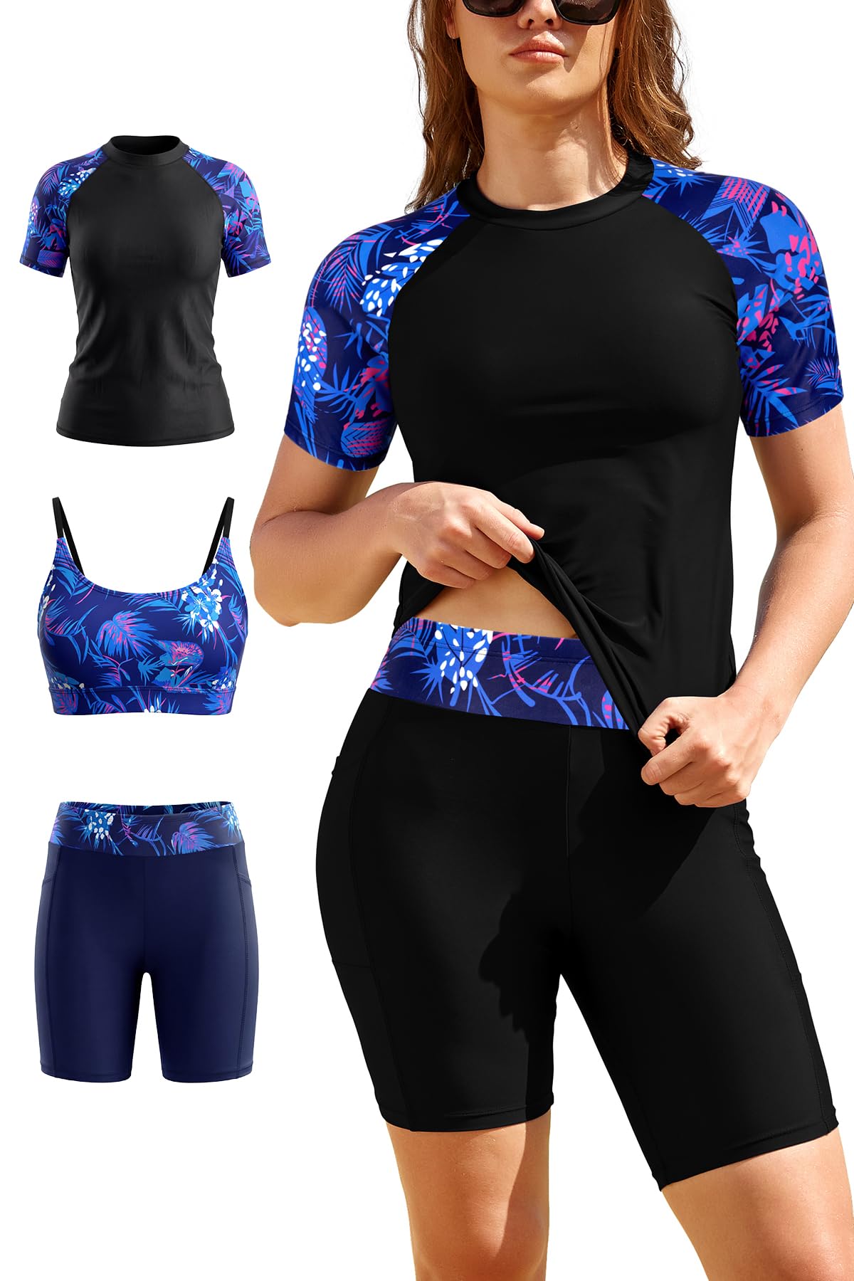 SHEKINI Maillot de bain 3 pièces pour femme UPF50+ UV à manches courtes, soutien-gorge de sport, haut de bikini avec bas boyshort, maillots de bain modestes