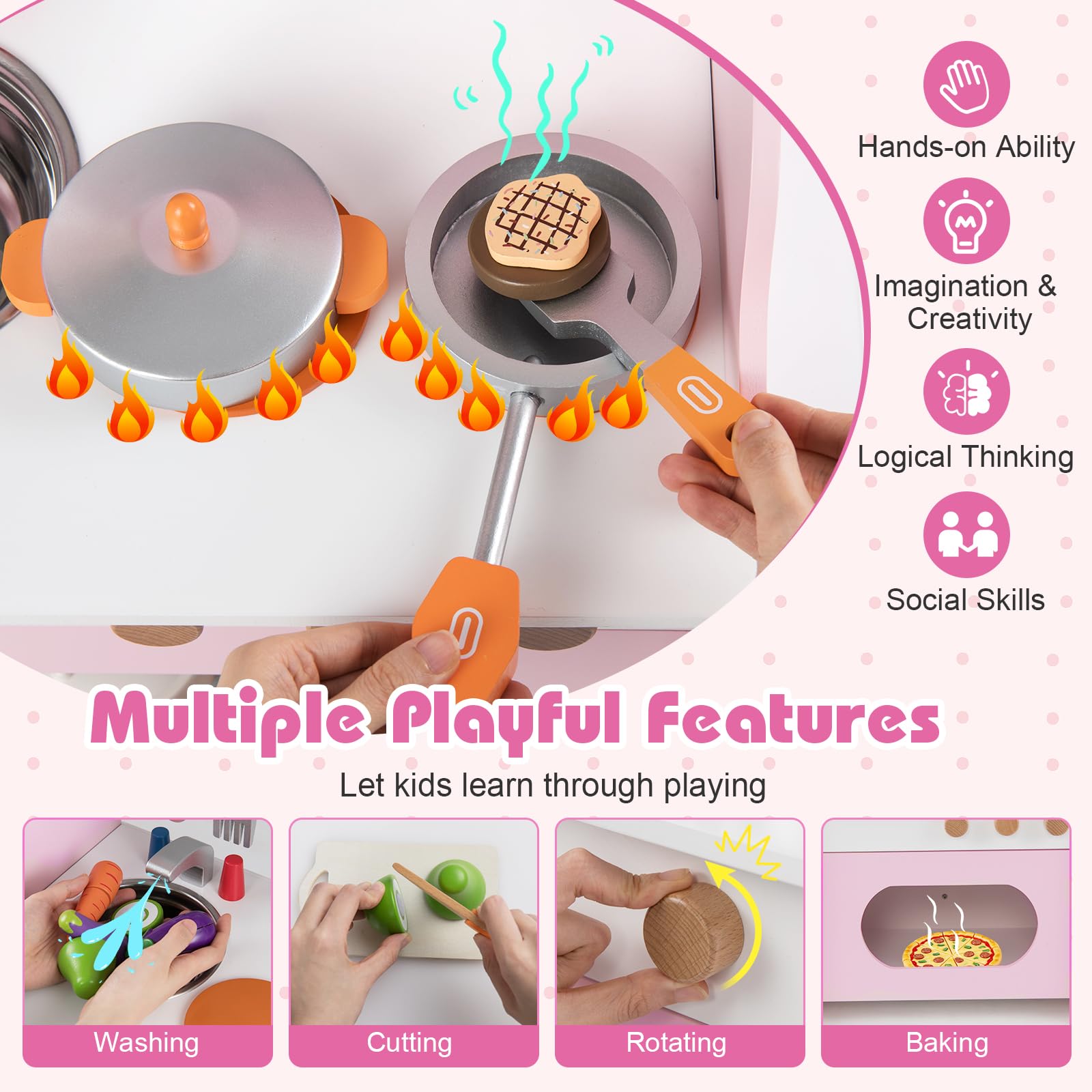 FANTASK Cucina per bambini in legno con orologio e accessori da 12 pezzi, cucina giochi con fornello/fornello/lavello e portaspezie, cucina giocattolo per bambini dai 2 anni in su (rosa)