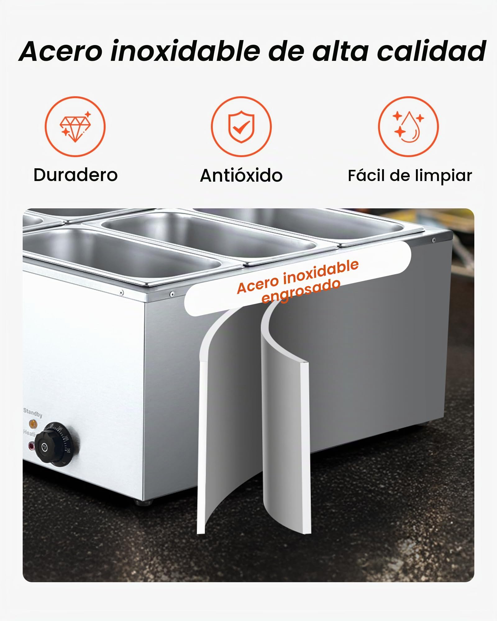 VEVOR Calentador de Alimentos 1500 W, de Acero Inoxidable, con Tapa, para 6 Sartenes, para Bufé de Encimera, Baño María con Cucharones para Sopa y Perforados, para Catering, 710 x 568 x 280 mm