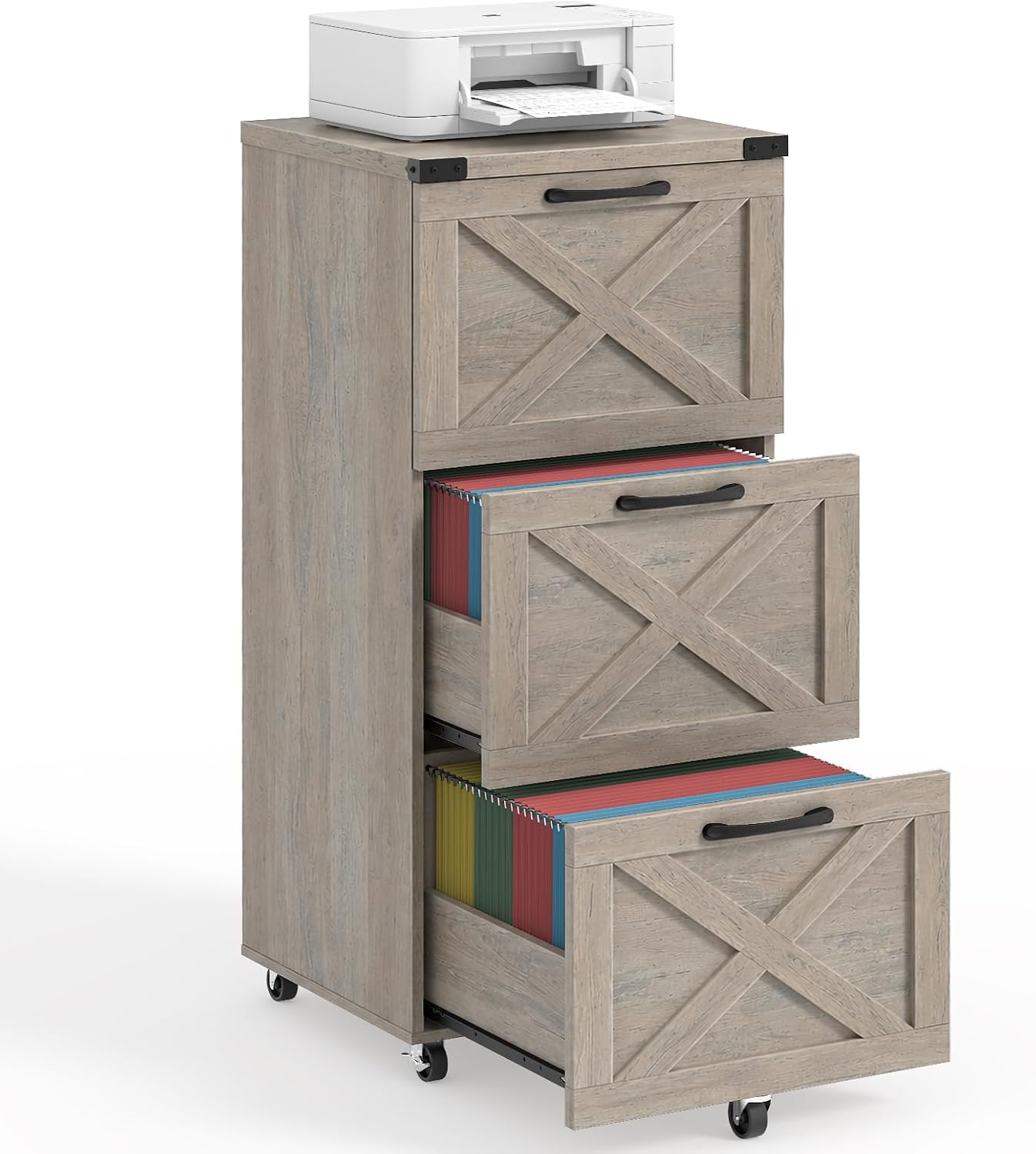 3 Drawers Tall Farmhouse File Cabinet with Wheels for Home Office, Grey