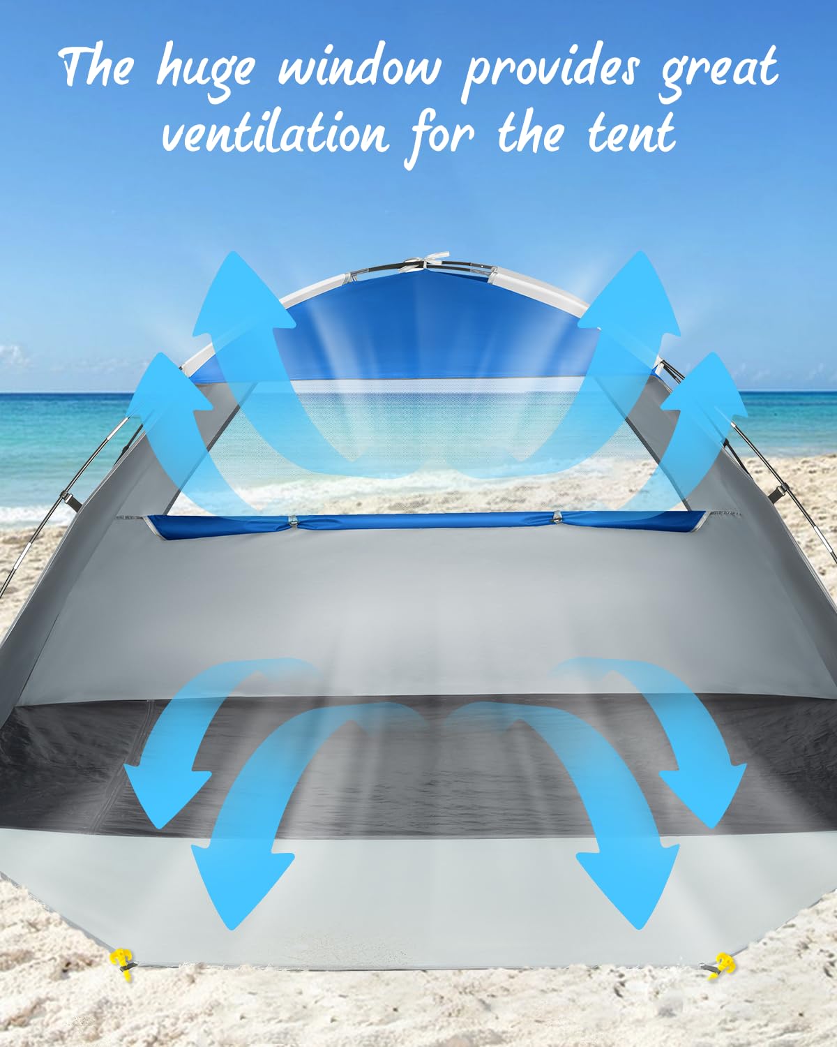 Tente de plage pour 2 à 4 personnes, abri solaire UPF50+ protection UV, pare-soleil sorcière énorme fenêtre en maille respirante, facile à installer, pour la plage, le camping, la pêche