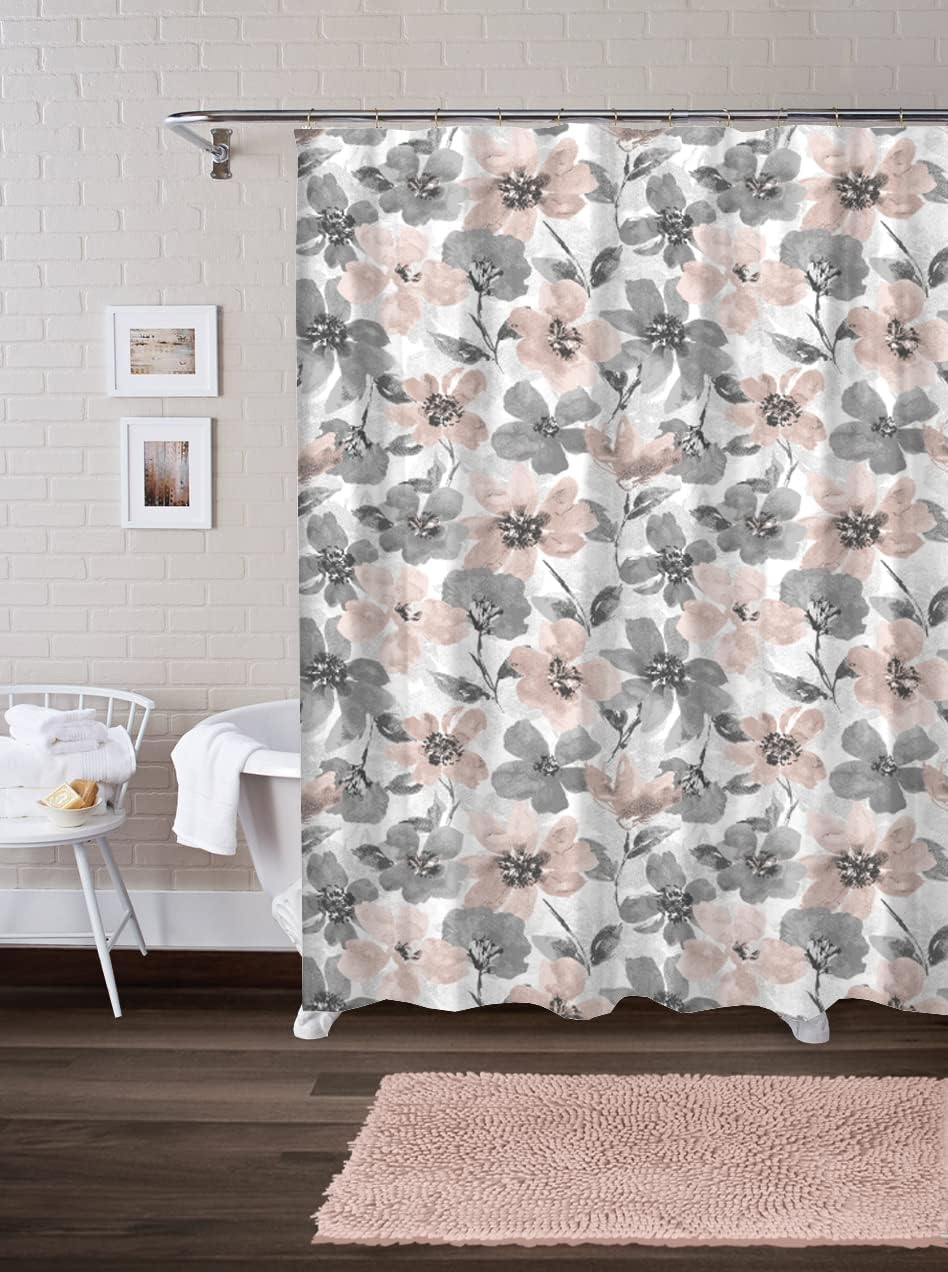 Pure Bath Modern Leaves 14 Piece Set with Shower Curtain, 12 Rollerball Hooks and 18"x28" Noodle Bath Rug : Home & Kitchen
