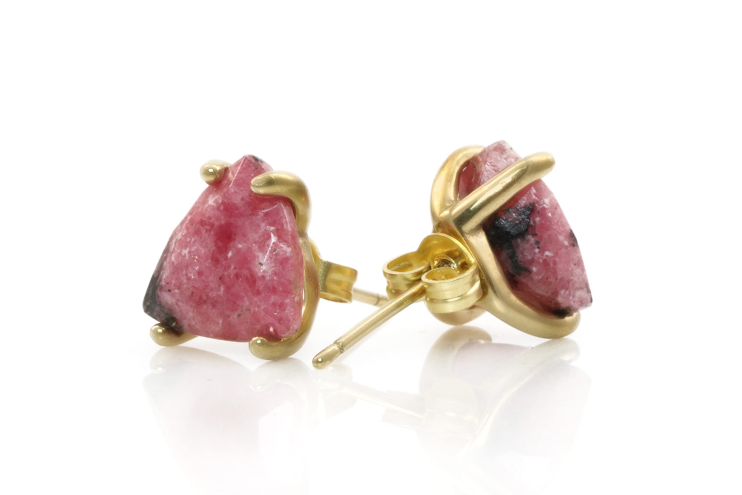 Orecchini di Cristallo di Rodonite Rosato - Orecchini Triangolari Fatti a Mano - Orecchini di Pietra Classica, Orecchini per Tutti i Giorni, Orecchini a Perno Oro - Gioielli Personalizzati per Donne