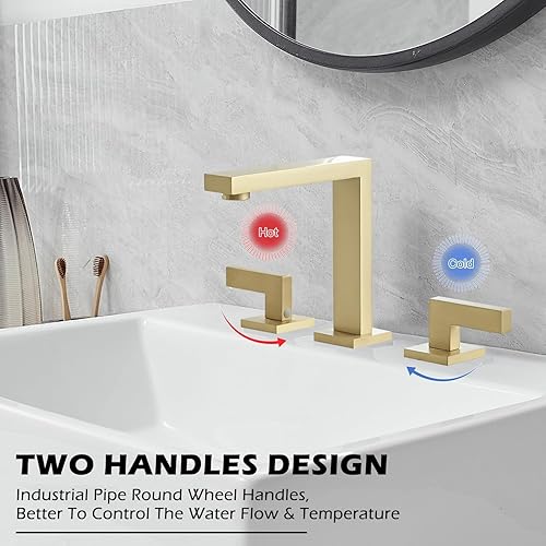 Miniatura 4 de BWE Grifo de lavabo de baño de 3 agujeros, de dos manijas, de 8 pulgadas, de oro cepillado, con drenaje desplegable y manguera de suministro, 3