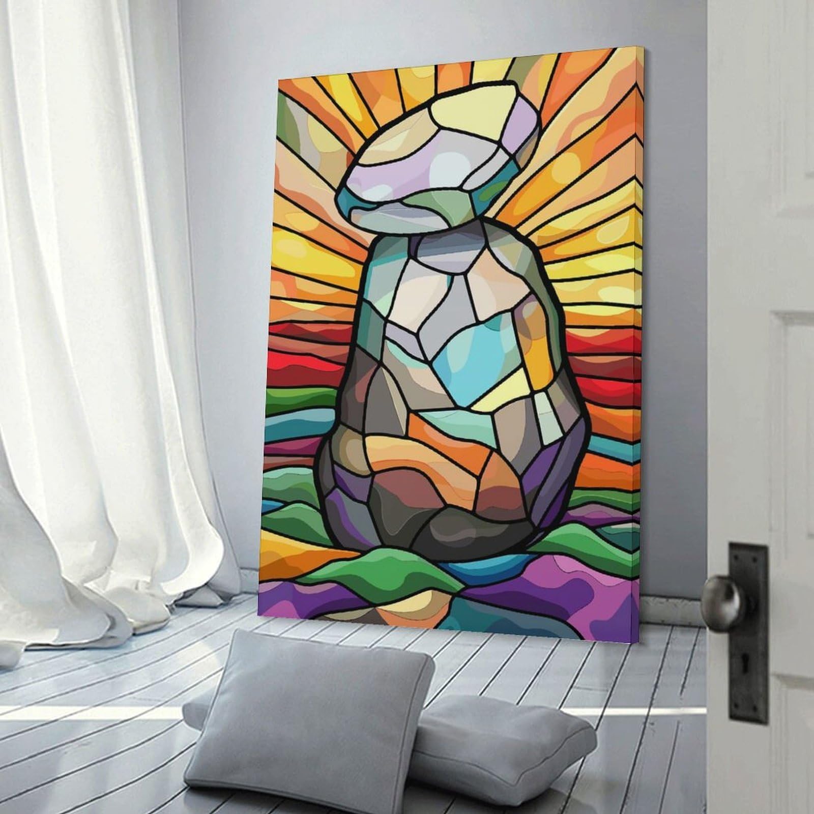 Junmoney Stained Glass Cairn with Sunset Background Canvas Wall Decor 16x24inch(40x60cm), for Feature Walls in Flats Or Modern Rooms, Decorative Artwork with Flexible Styling