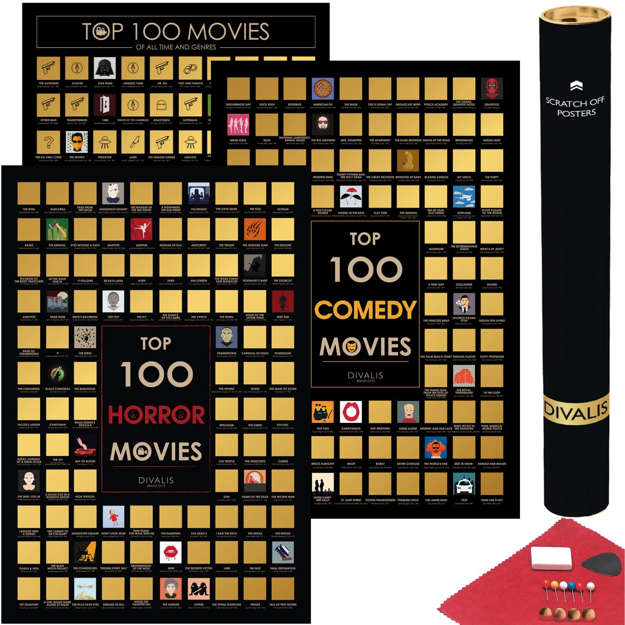 3-in-1-Geschenkset - Bündel der Rubbel Poster von Filmen, Horror und Komödie - Filme zum die Man Gesehen Haben Muss - Liste der Filme Abkratzen - Top Horror Movies and Comedies Scratch off Poster