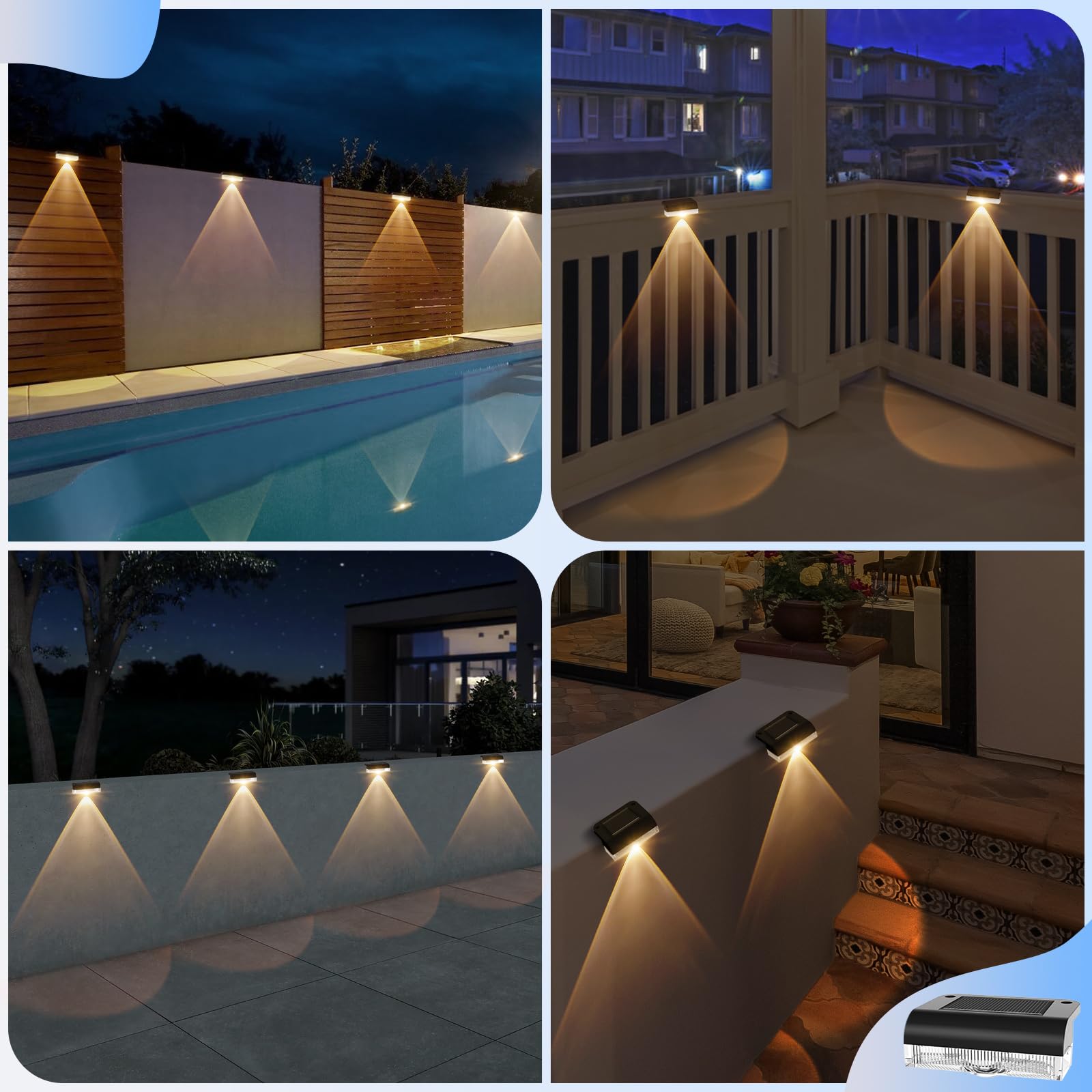 AGOTD Luci Solari per Esterni, 6 pezzi, Luce Solare per Scale, Lampade da Recinzioni Impermeabile, Luci Faretti LED Esterno per Gradini Balcone Terrazza Parete Terra Vialetti Sentieri, Bianco Caldo