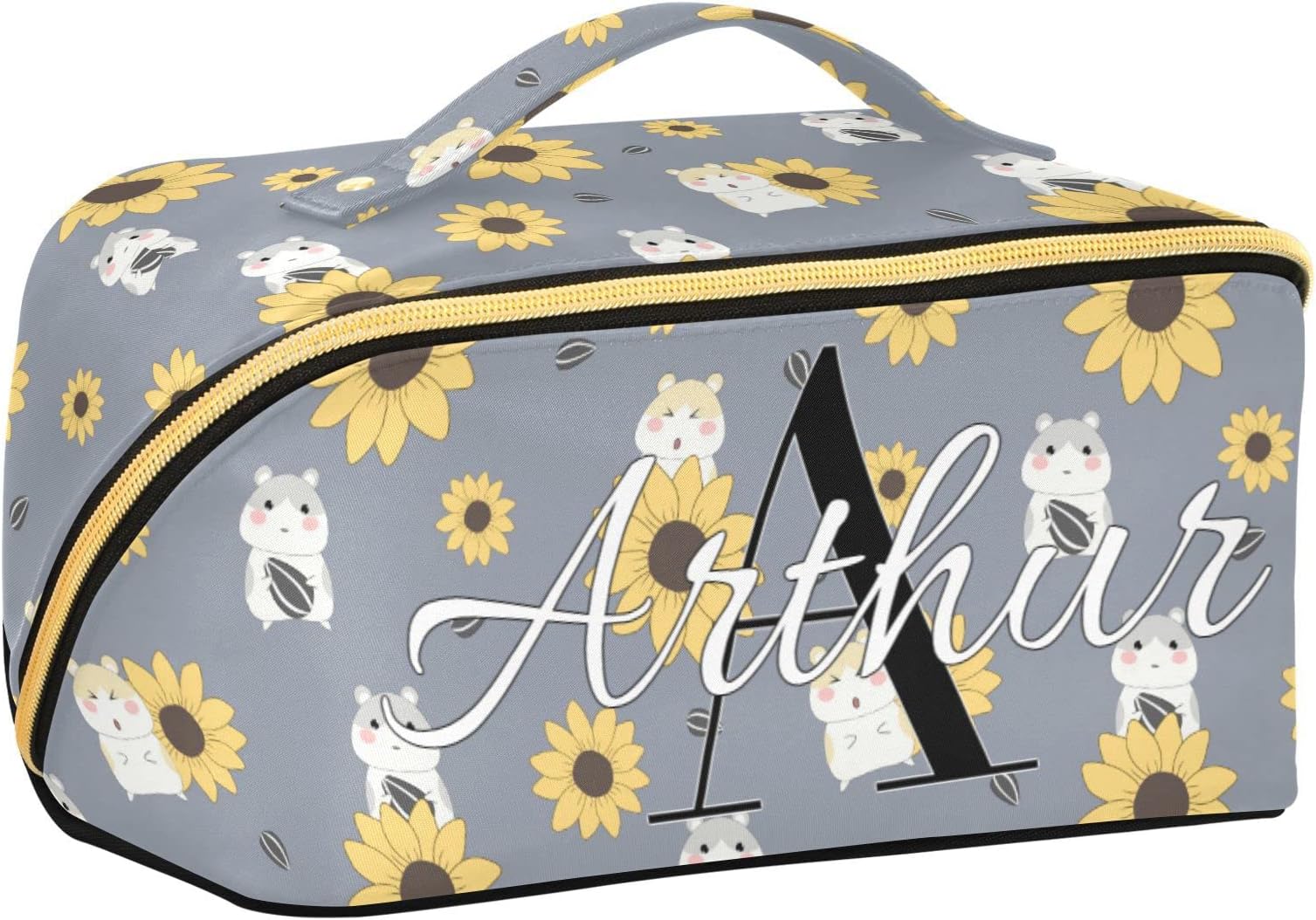 Cute Sunflower Hamster Custom Cosmetic Bag for Women Travel Makeup Bag with Portable Handle Multi-functional Toiletry Bag Zipper Pouch Travel Cosmetic Organizer for Journey Makeup Beginners Women