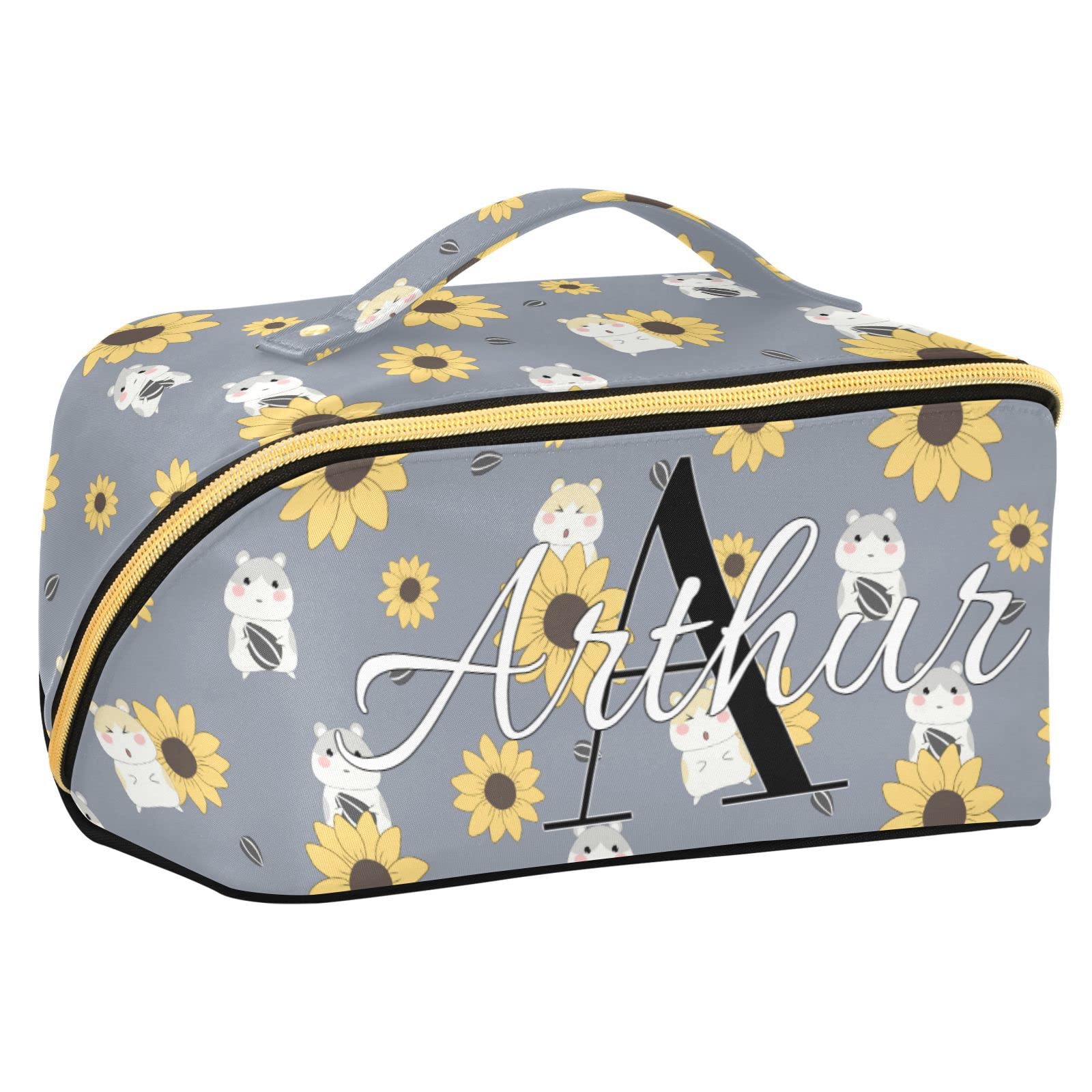 Cute Sunflower Hamster Custom Cosmetic Bag for Women Travel Makeup Bag with Portable Handle Multi-functional Toiletry Bag Zipper Pouch Travel Cosmetic Organizer for Journey Makeup Beginners Women
