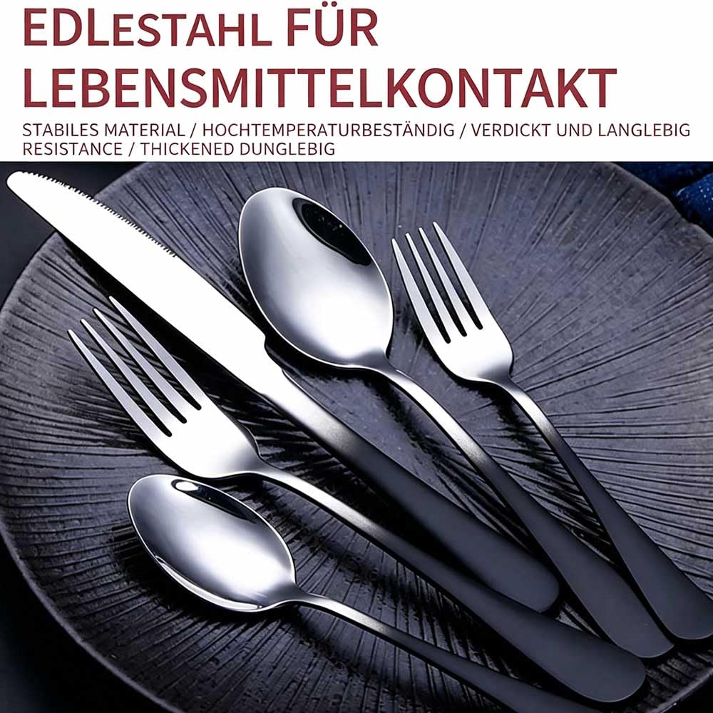6 Personen Besteck Set 30-teilig, 304 Edelstahl, Matt-Schwarz Griff, Hochglanzpoliert Silber