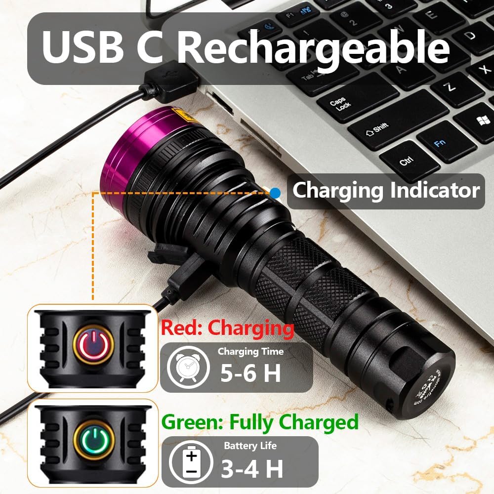 ALONEFIRE SV18 12W 365nm UV Flashlight Powerful USB C Rechargeable Woods Lamp Black Light for Pet Urine Detection, Resin Curing, Minerals, Fishing,Scorpion, Bed Bug with UV Protective Glasses,Battery
