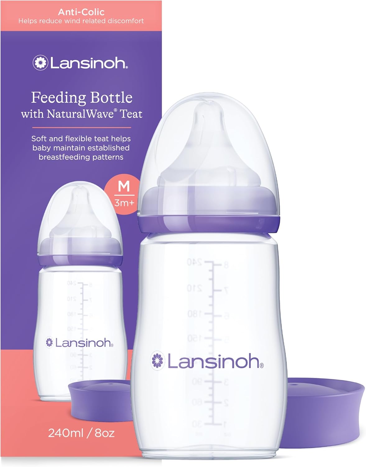 Lansinoh Anti Colic Baby Bottle – 240ml – NaturalWave® Medium Flow Teats Reduces Nipple Confusion + New Stackable Lid Breast Milk Storage Bottles Breastfeeding Bottle Feeding – Baby Bottles